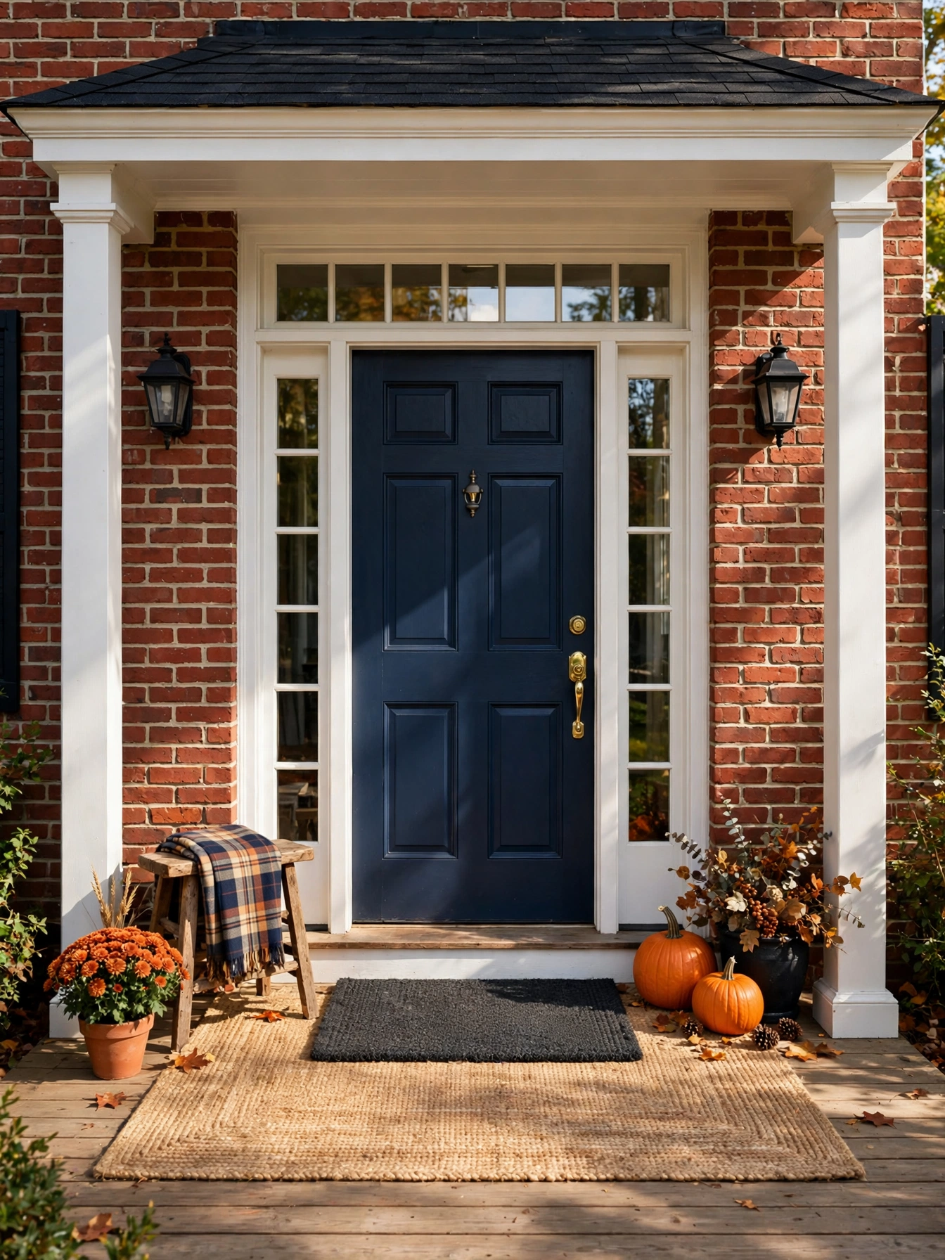 Layered jute and coir doormats with a hello fall script in front of a navy blue door, styled with pumpkins and seasonal porch accents for fall front door decor ideas for autumn 2026.