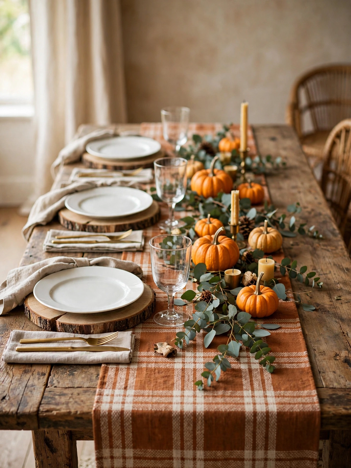 Rustic dining table with log slice chargers under white plates, plaid runner, and mini pumpkins down the center.
