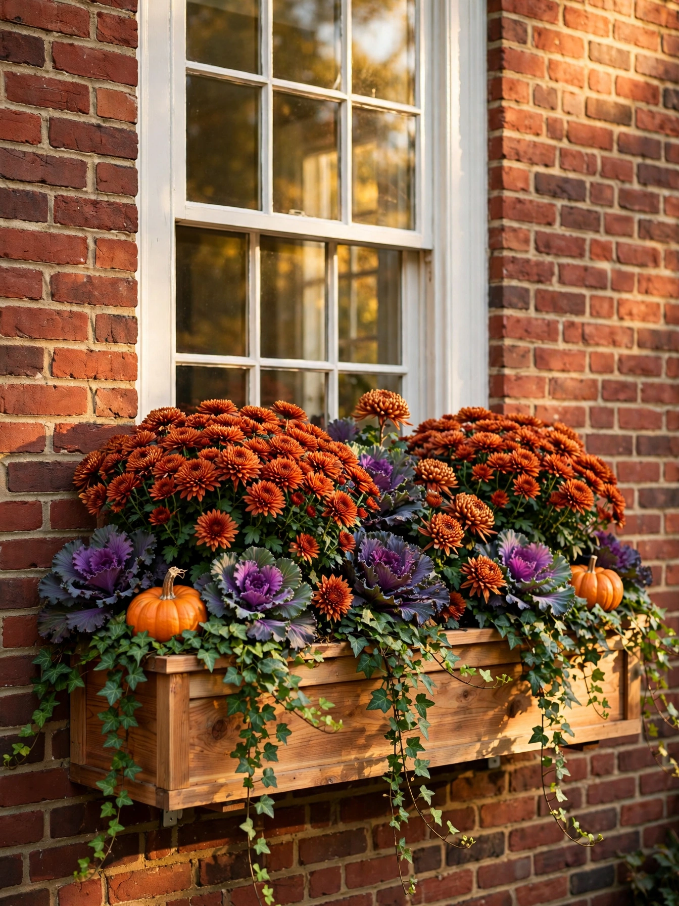 A natural cedar window box filled with rust-orange mums and purple ornamental kale on a red brick house, one of the fall window boxes for autumn 2026 ideas.