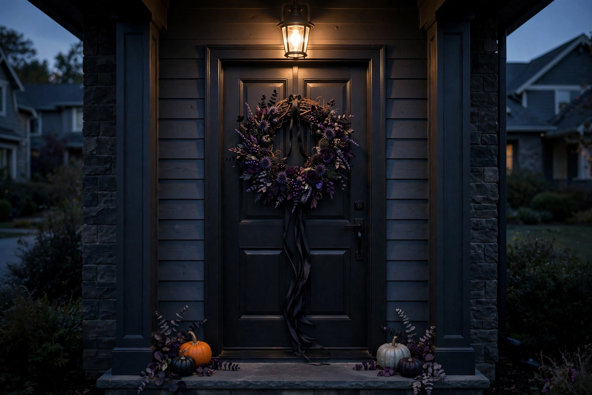 A gothic wreath base on a Halloween front door