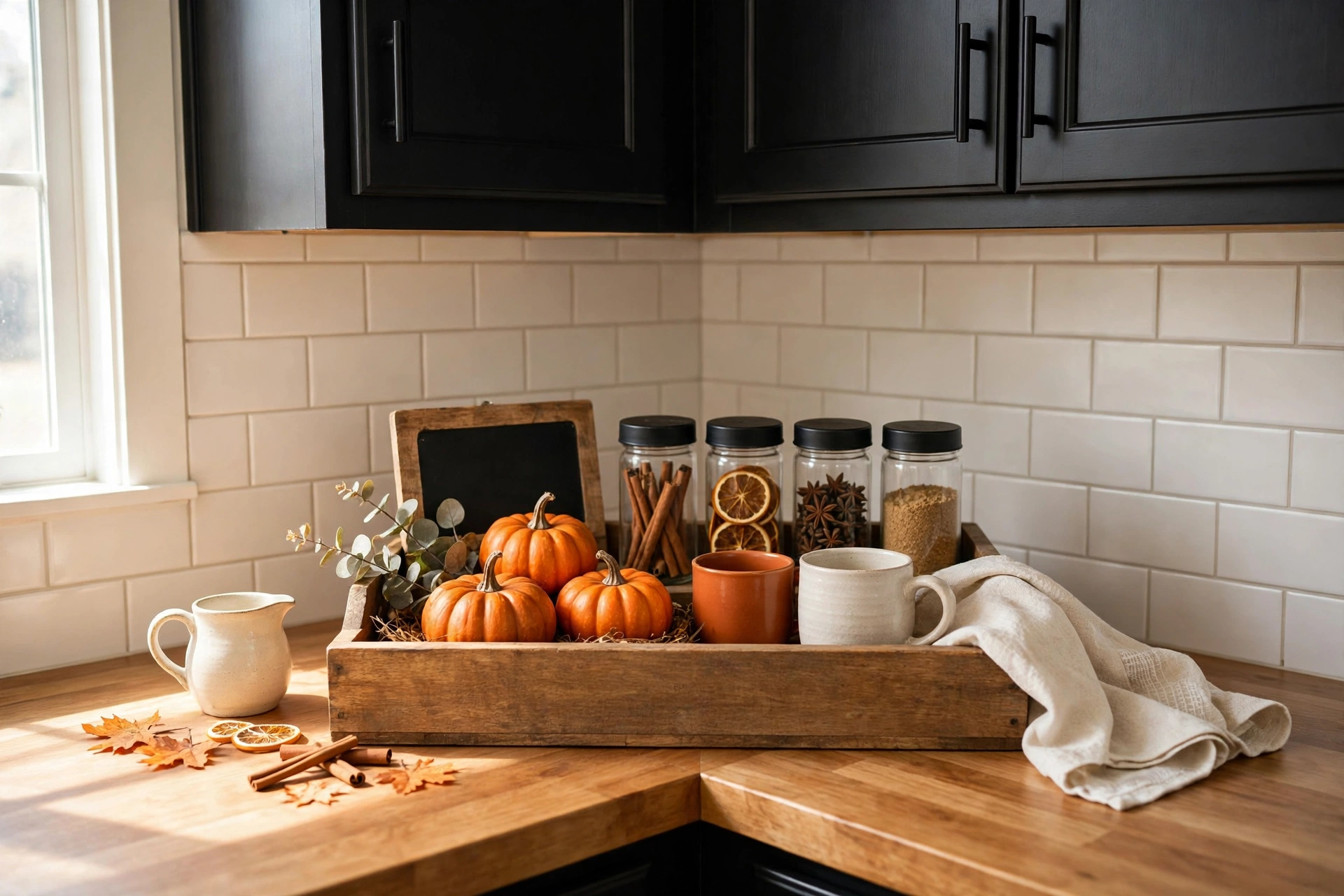 A cozy kitchen coffee station styled for Halloween with small pumpkins and spice jars
