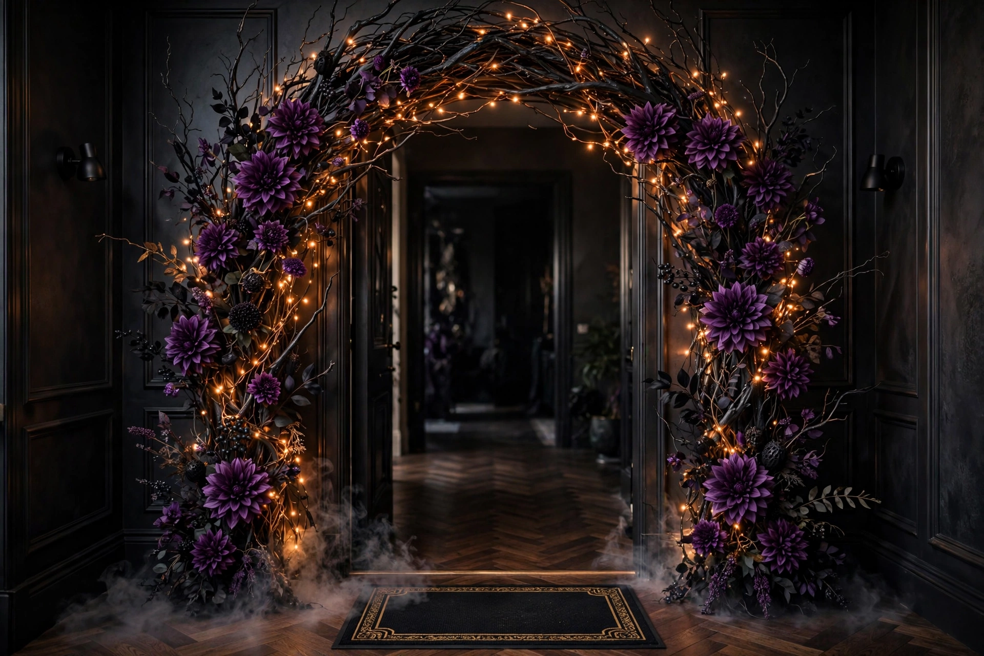 A dramatic entryway arch for a Halloween party