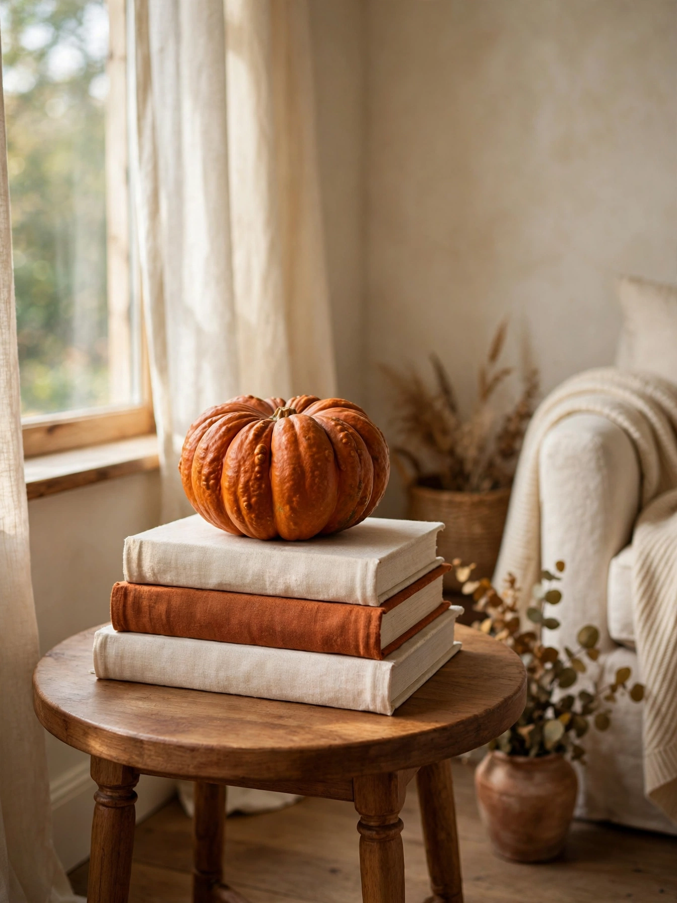 A single heirloom pumpkin resting on a stack of linen-covered books on a wooden side table, showing how simple fall decor ideas for autumn 2026 can come together in minutes.