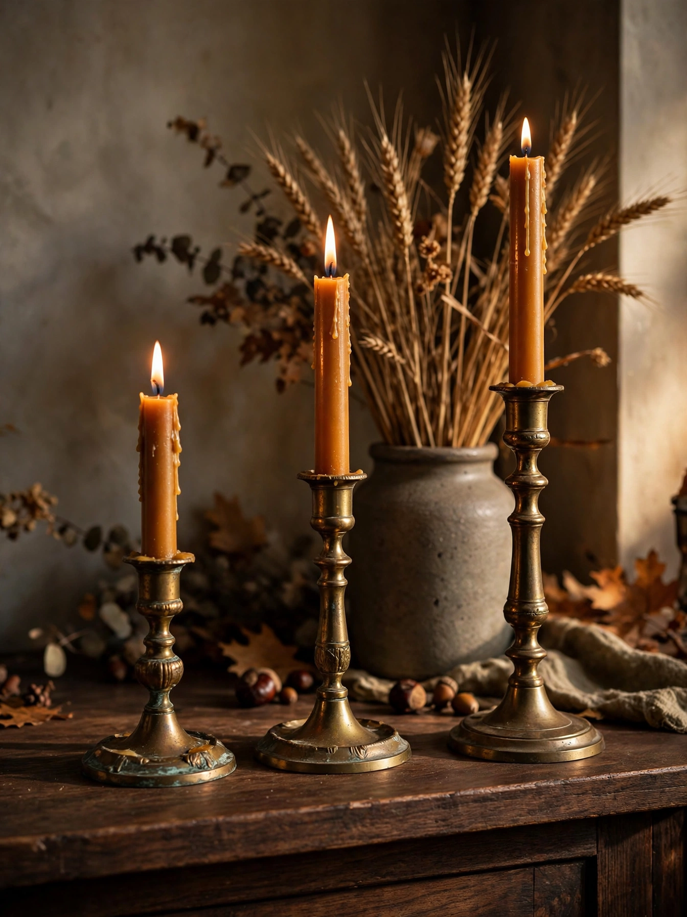 Three antique brass candlesticks with amber taper candles styled on a dark mantel, one of the vintage fall decor ideas for autumn 2026.