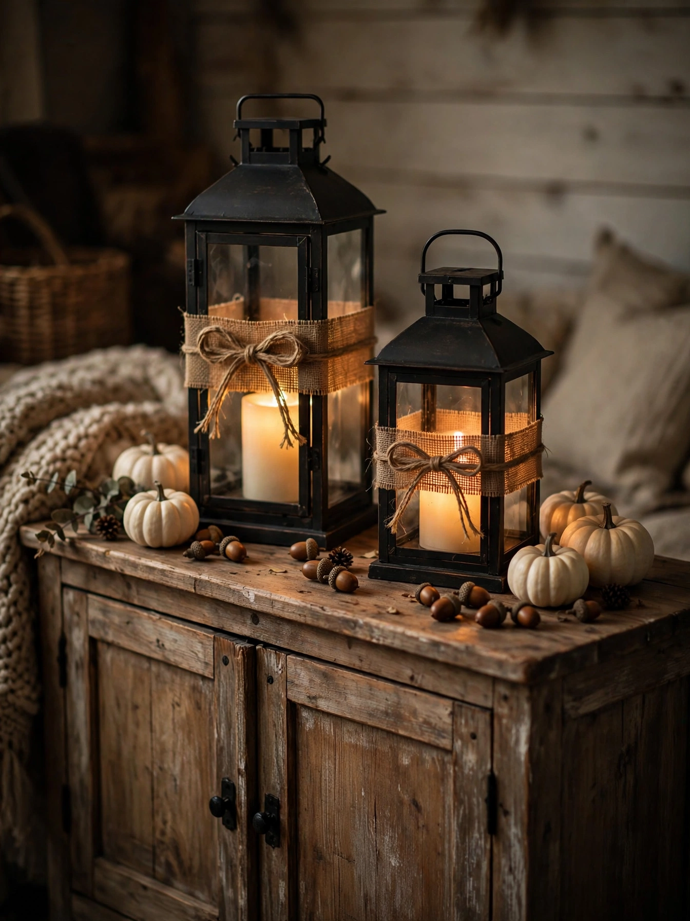 Black metal lanterns wrapped in burlap with glowing LED candles on a rustic sideboard, a farmhouse pick among diy fall decor ideas for autumn 2026.