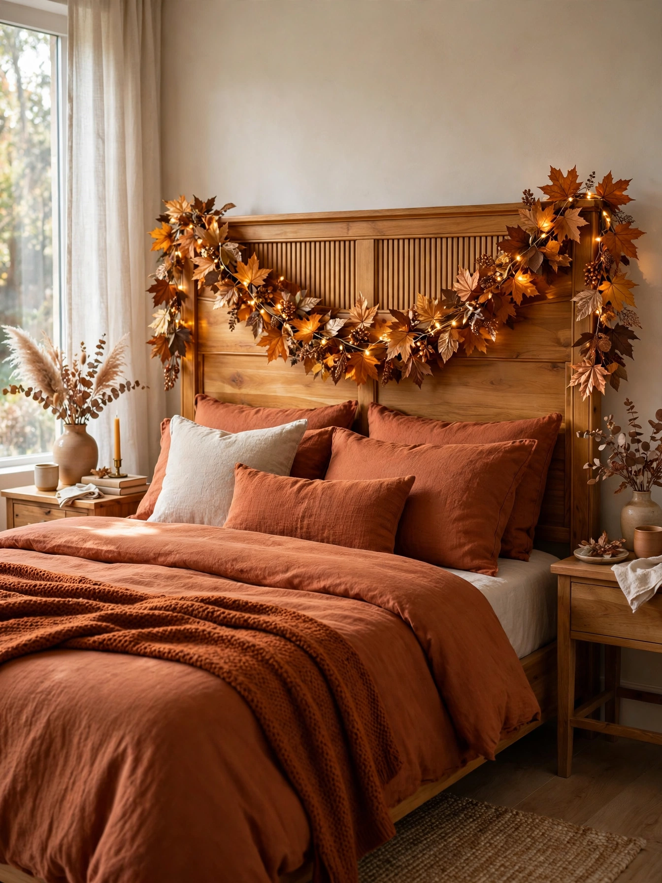 Faux amber maple leaf garland draped in a soft swag across a honey wood headboard in a warm bedroom.