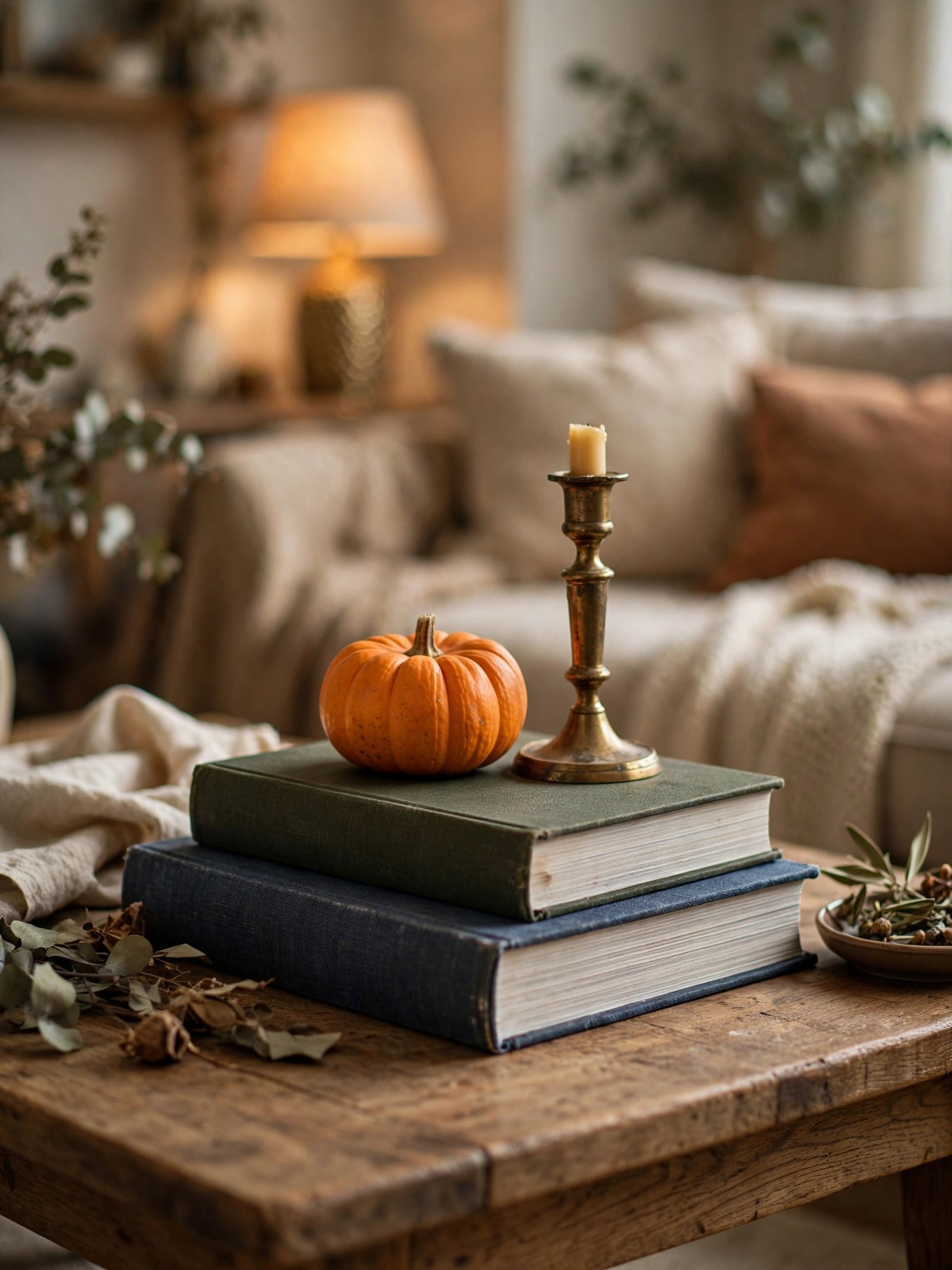 A stack of large art books topped with a small pumpkin and brass candlestick on a coffee table, a layered base in these fall coffee table decor ideas for autumn 2026.