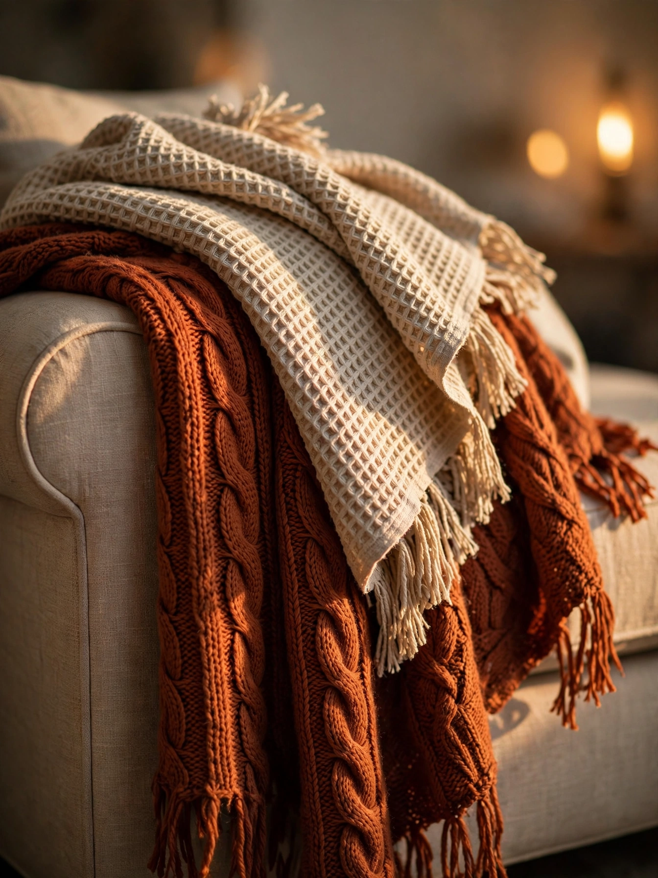 A sofa arm layered with rust cable-knit and oatmeal waffle throws, a textural fall living room decor ideas for autumn 2026.