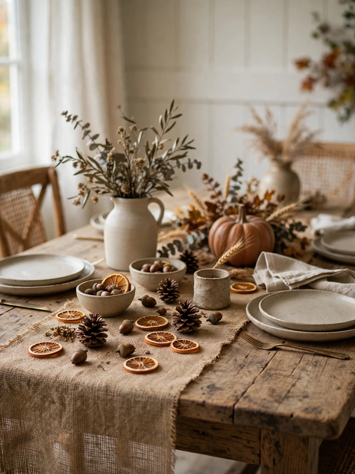 Burlap table runner scattered with pinecones, acorns, and dried orange slices on a farmhouse dining table.