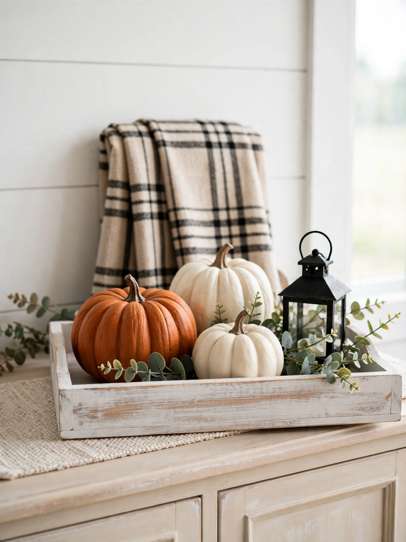 Whitewashed tray with faux pumpkins in burnt orange and cream plus a black lantern, featured among the fall tray decor ideas for autumn 2026 here.