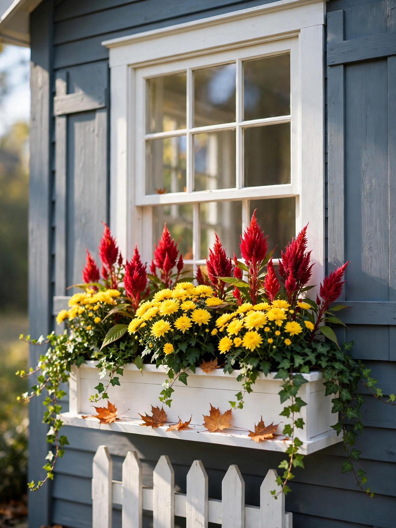A white wooden window box with yellow mums, red celosia and trailing ivy on a blue-gray farmhouse, styled as part of our fall window boxes for autumn 2026 collection.