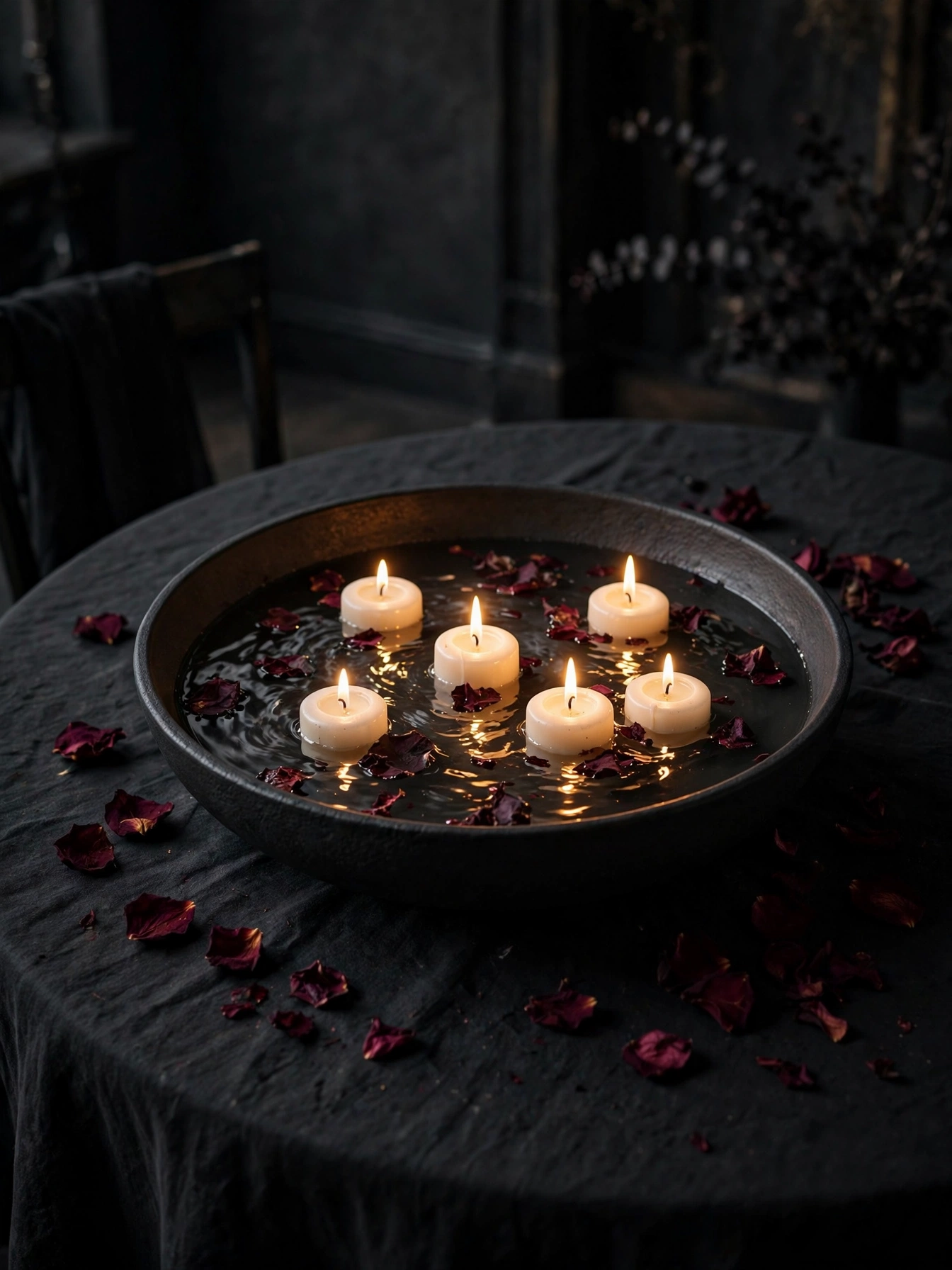 A wide shallow matte black ceramic bowl filled with water, floating white candles, and dark burgundy petals on a dining table