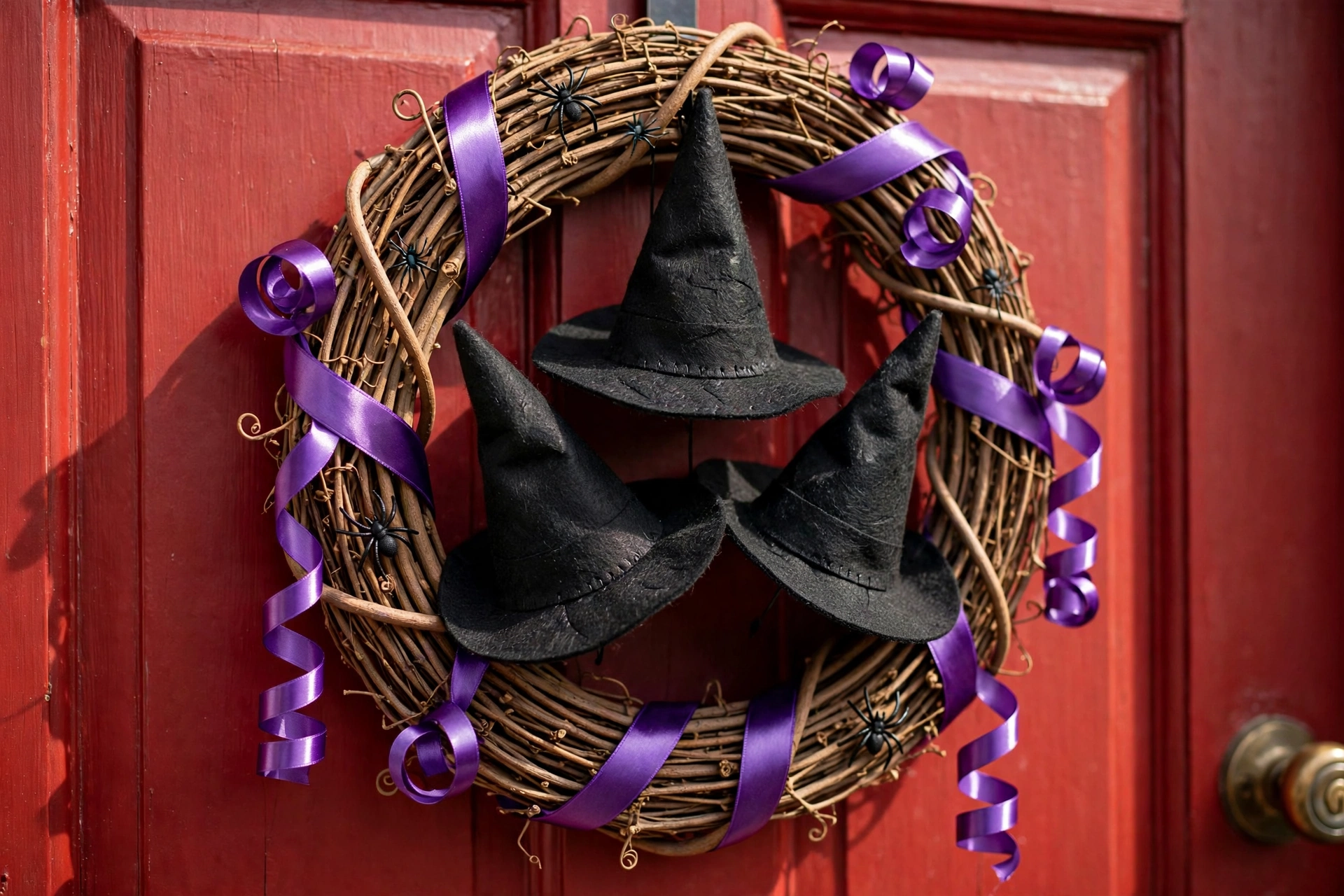 A cluster of miniature witch hats as a Halloween door hanger