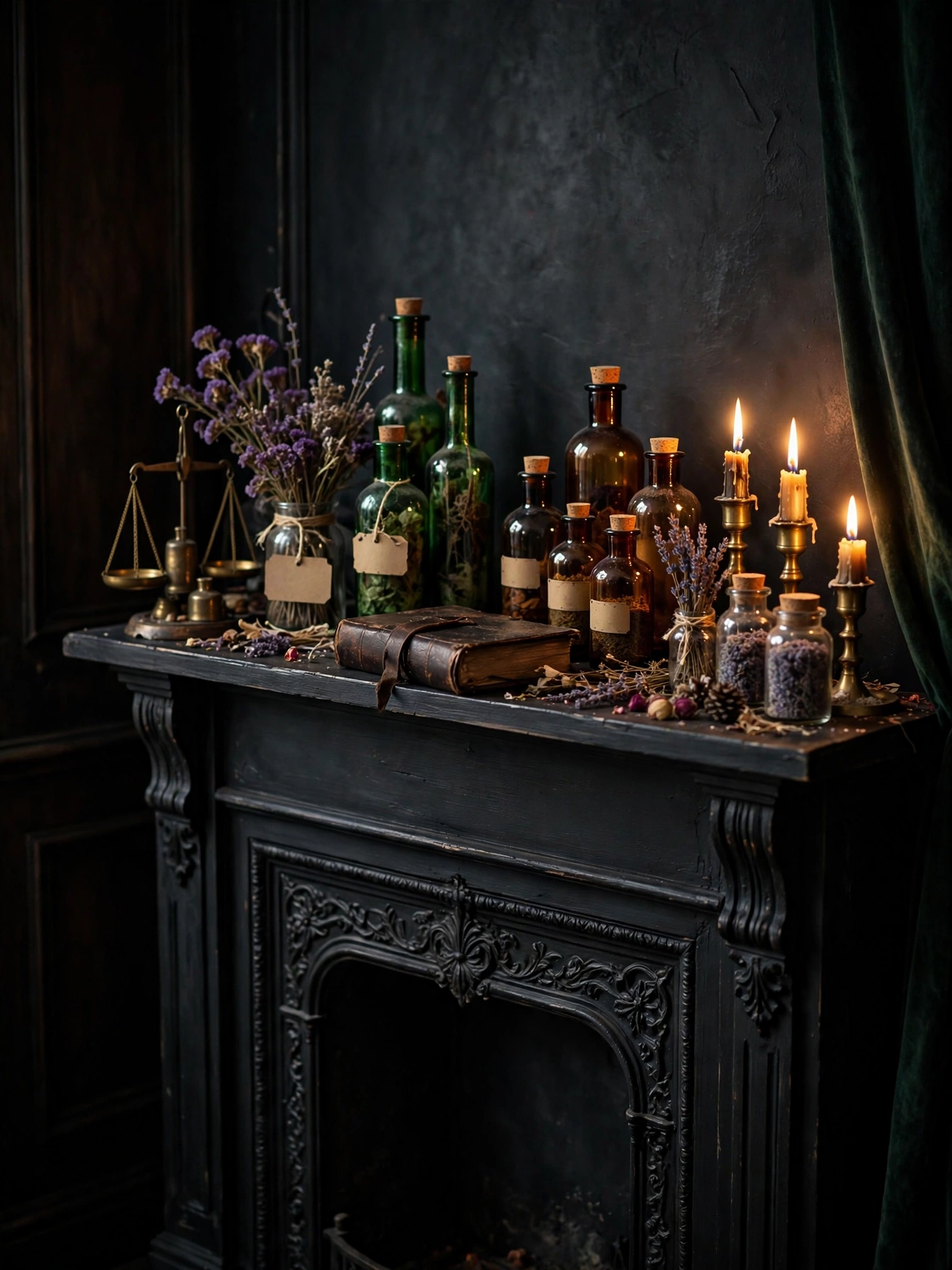 A dark moody Halloween mantel styled as an apothecary shelf with vintage amber and emerald glass potion bottles, small bra...