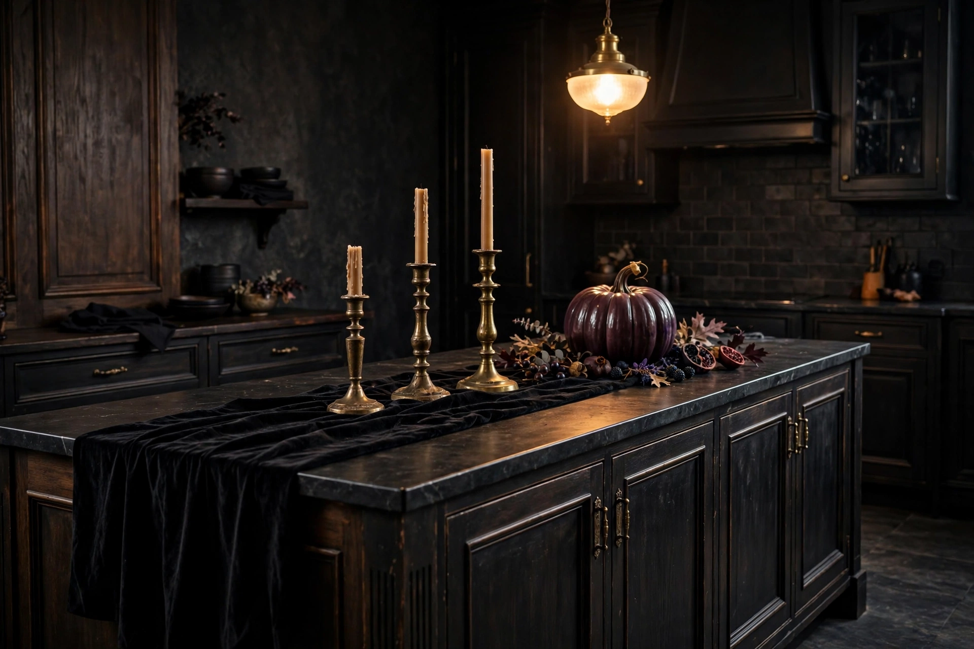 A kitchen island dressed with a black velvet table runner and brass candlesticks
