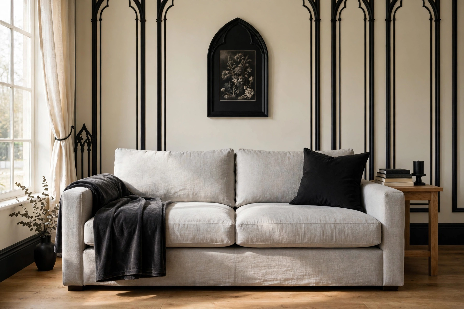 A light gray sofa draped with a charcoal velvet throw blanket, folded neatly over one arm