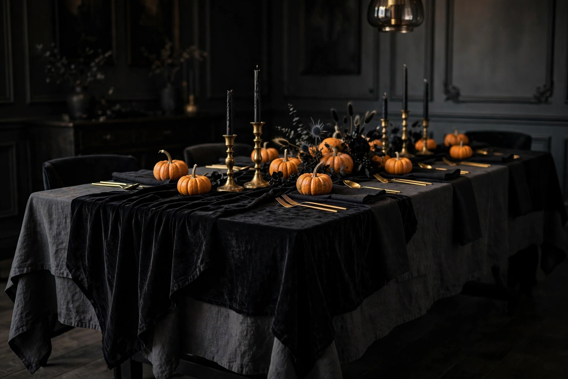 Black tablecloth layers for a Halloween party