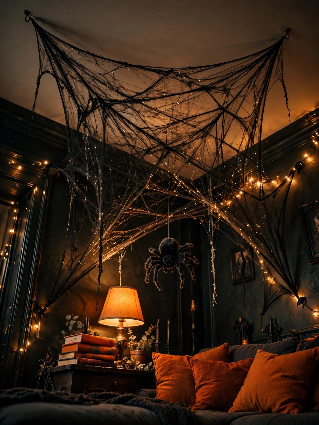 02 halloween room decor ideas 2026 spiderweb corner drapes