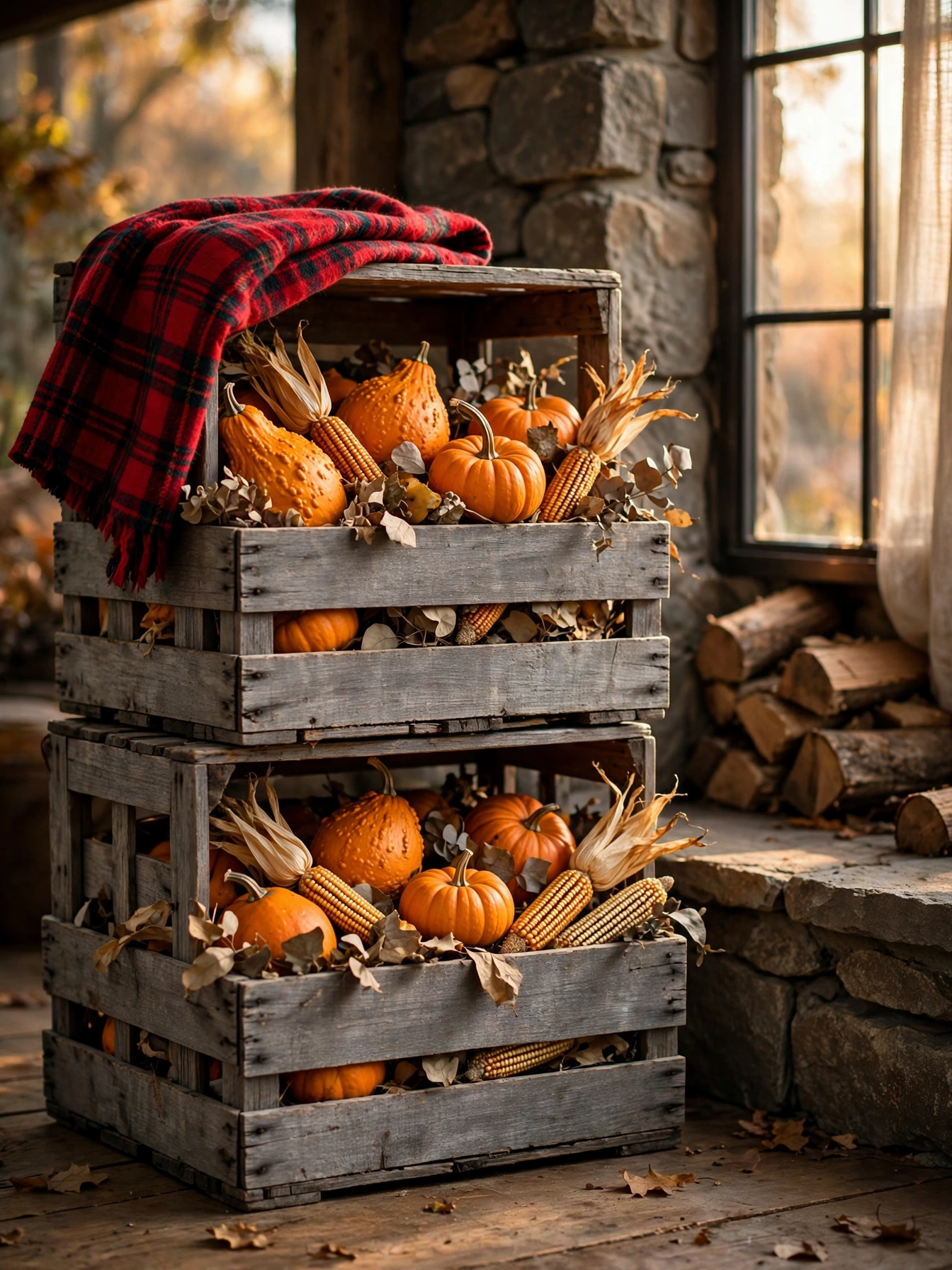 Weathered wooden apple crates filled with gourds and mini pumpkins beside a fireplace, one of the vintage fall decor ideas for autumn 2026.