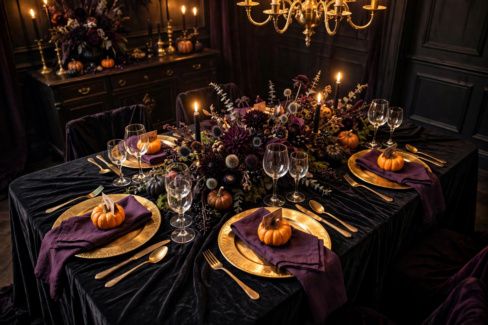 Dining table dressed with deep plum velvet linens for an elegant Halloween tablescape 2026