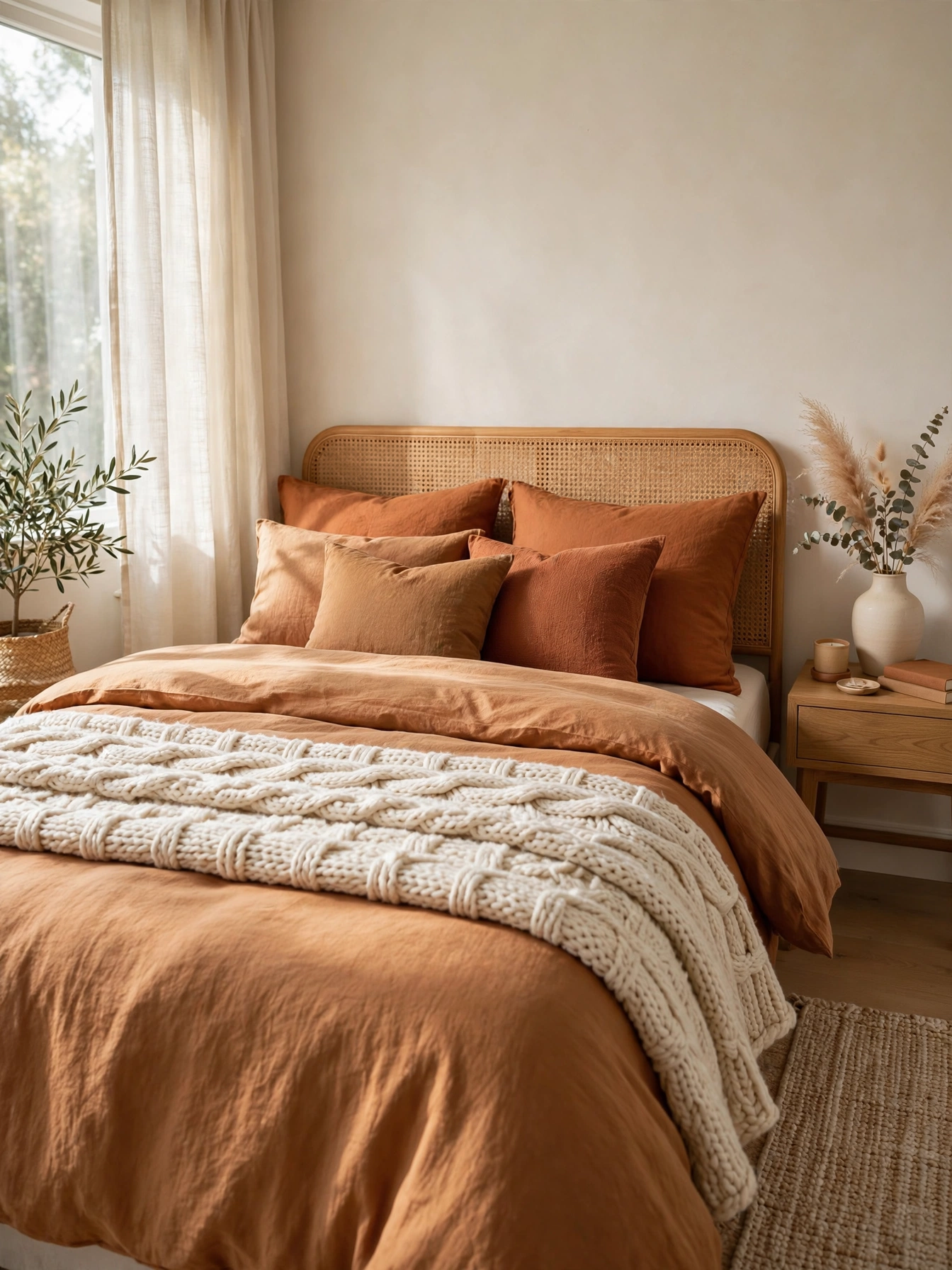 Cream chunky knit throw folded across the foot of a bed with rust and caramel bedding in soft window light.