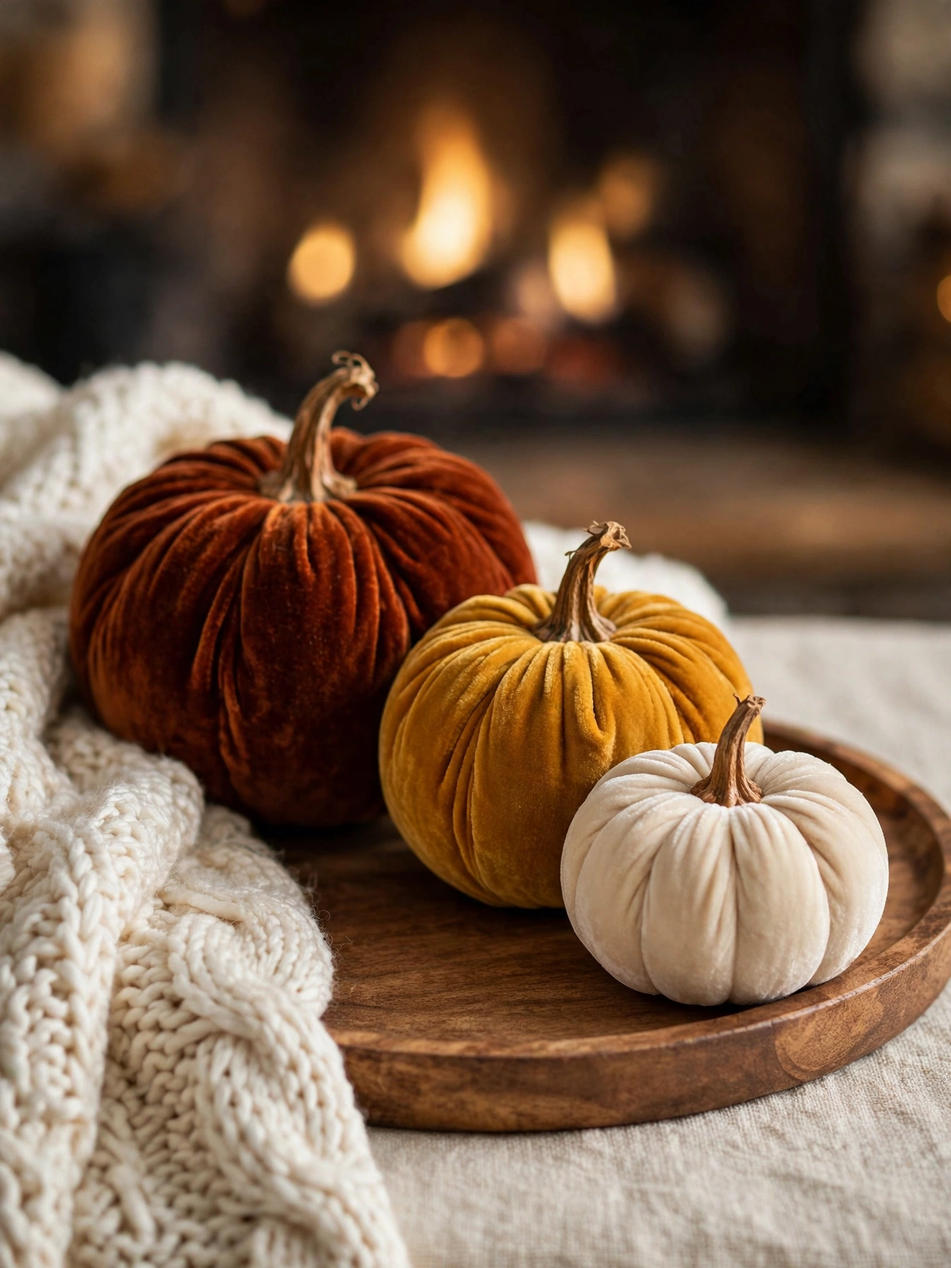 Three velvet pumpkins in rust, mustard and cream arranged on a wooden tray, a soft textured trio in these fall coffee table decor ideas for autumn 2026.