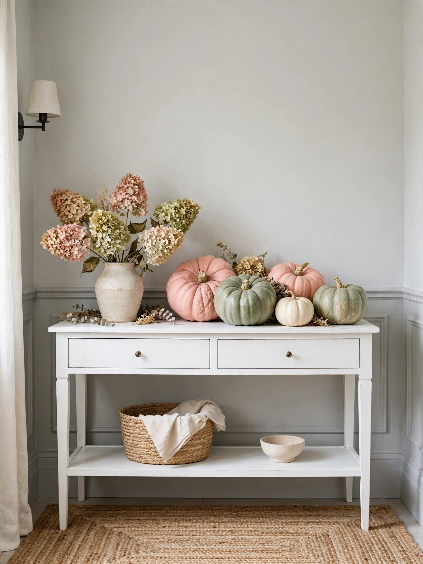 Fall entry table decor ideas for autumn 2026: five heirloom pumpkins in blush, sage and white clustered with dried hydrangeas on a farmhouse console.