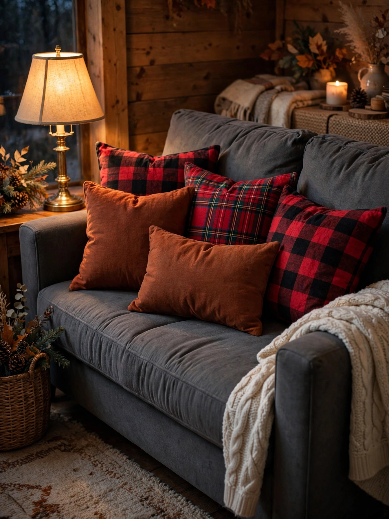 A charcoal sofa with buffalo plaid, tartan and rust flannel pillows, a cozy fall living room decor ideas for autumn 2026.