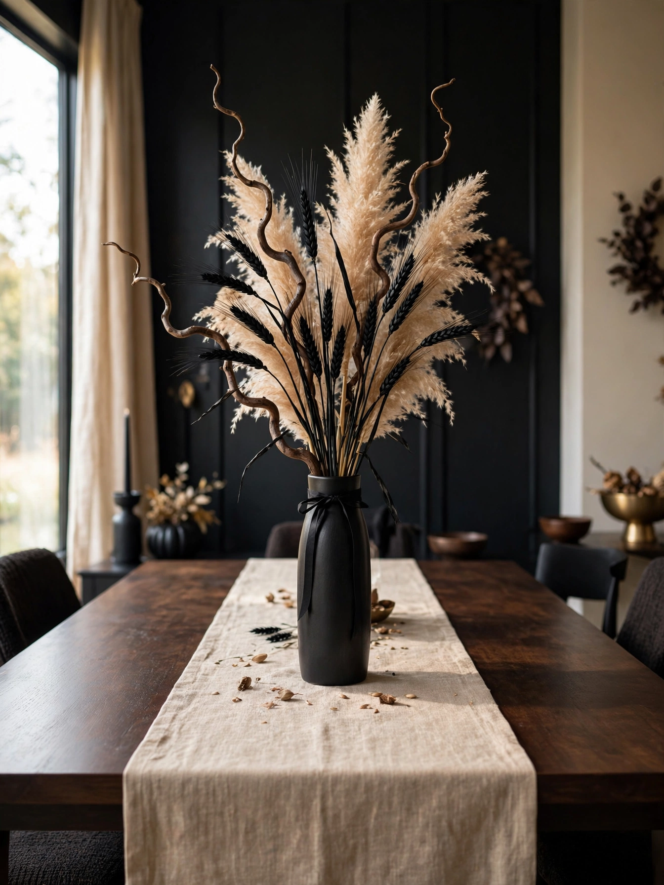 A tall narrow black ceramic vase holding dried pampas grass, black-painted wheat stems, and twisted branches on a dining t...