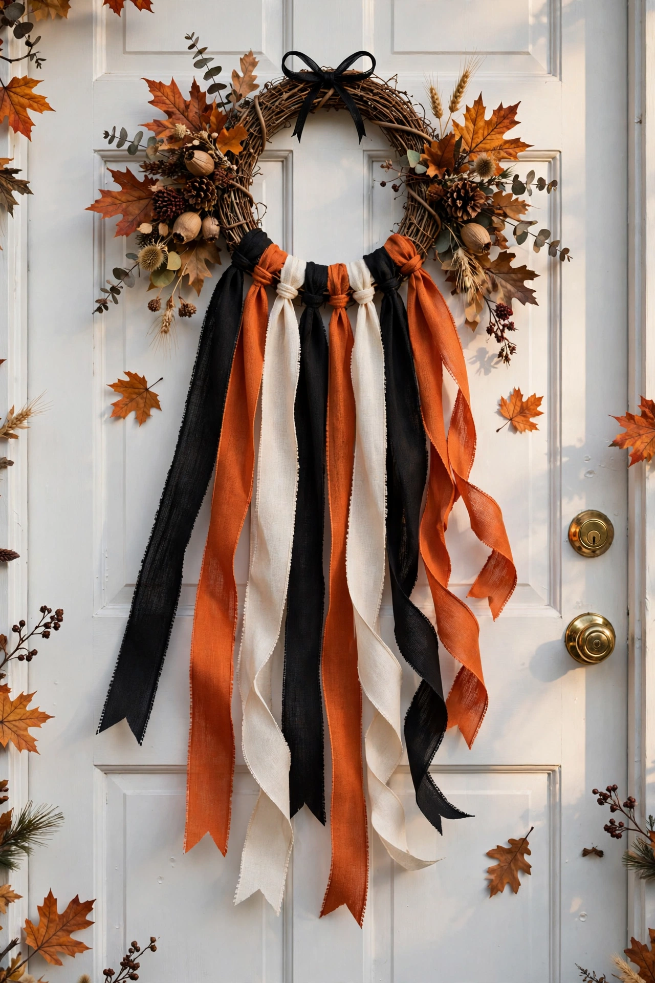 A layered ribbon Halloween door hanger