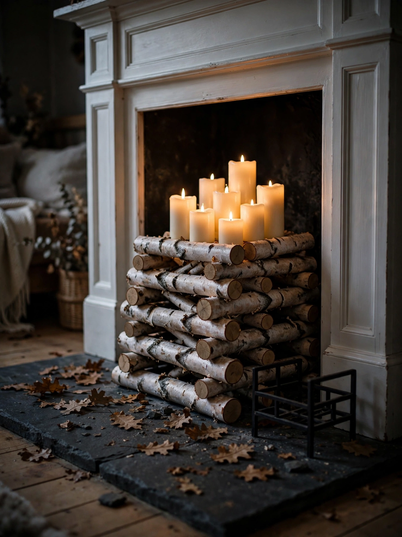 A fireplace hearth styled with a neat stack of white birch logs arranged in a crisscross pattern inside the firebox, toppe...
