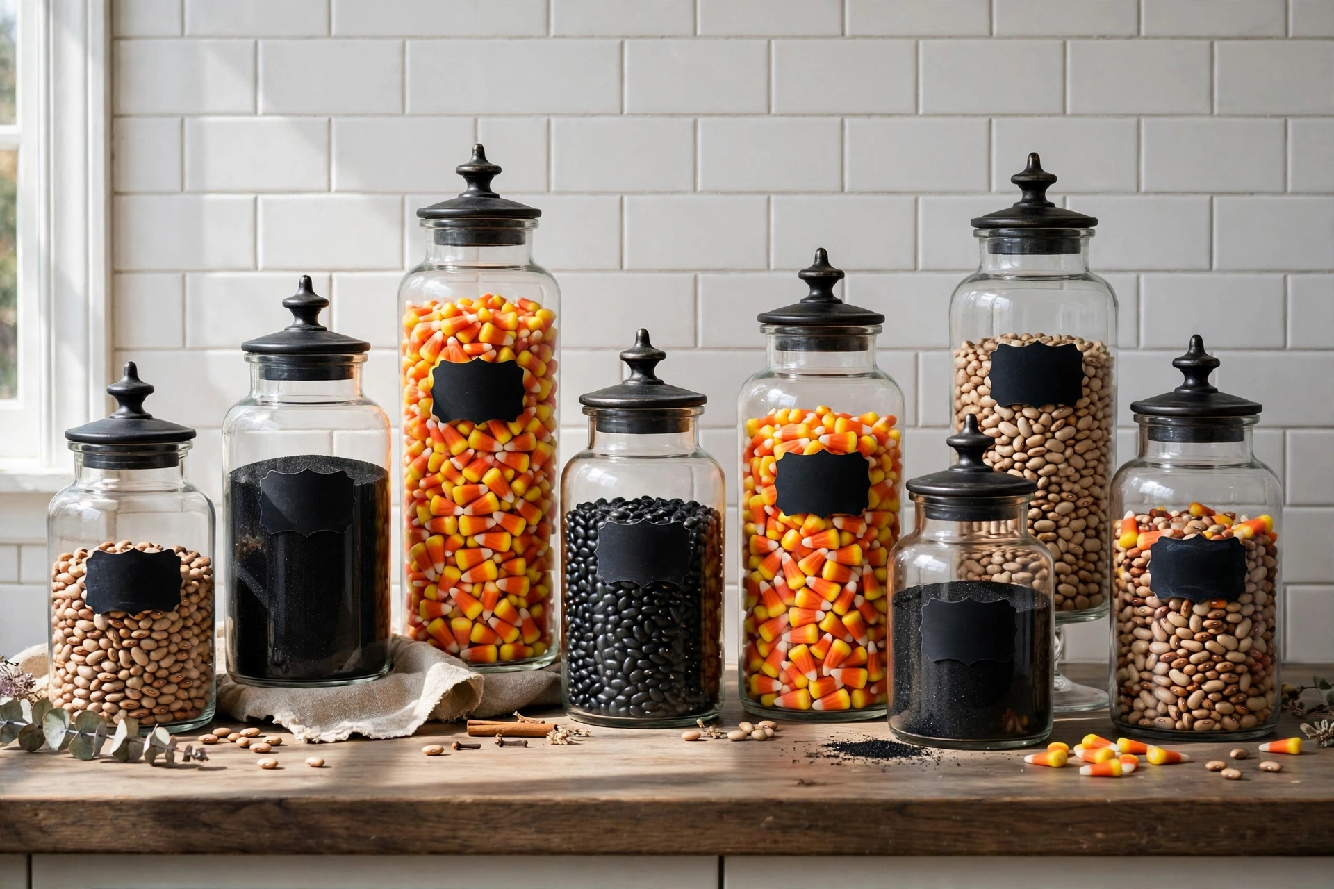 Glass apothecary jars arranged on a kitchen countertop against white subway tile