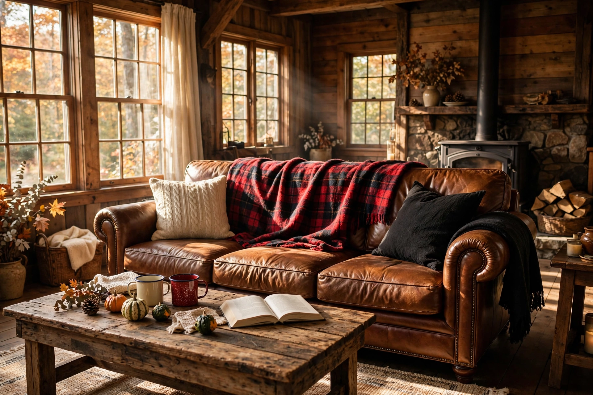 A living room sofa layered with a red and black plaid wool blanket over the back cushions