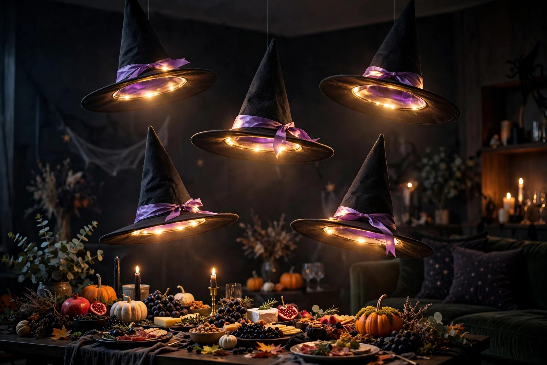 Floating witch hat lights for a Halloween party