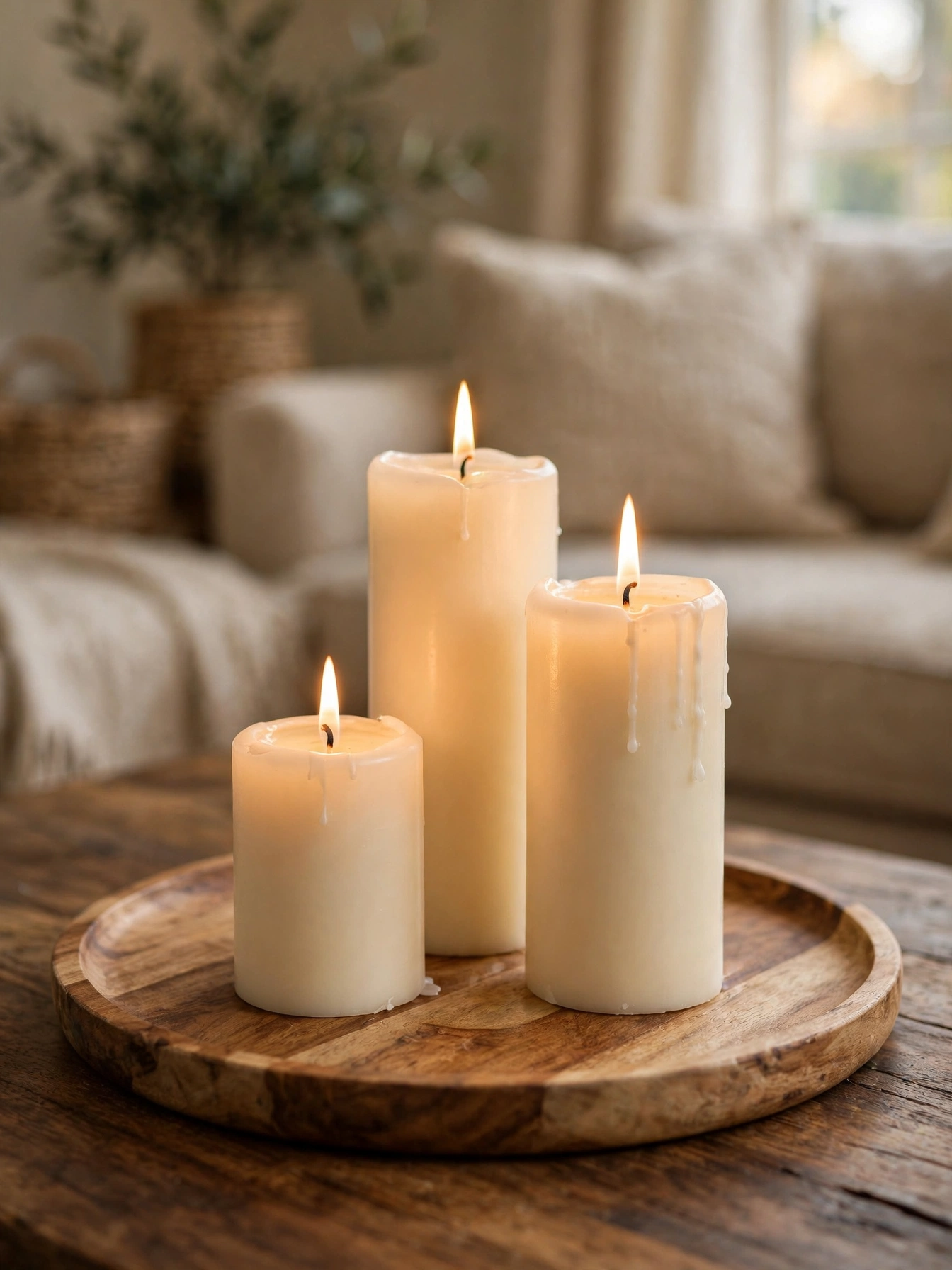 Three ivory pillar candles in graduated heights grouped on a wooden tray, a quick candle cluster idea from these simple fall decor ideas for autumn 2026.