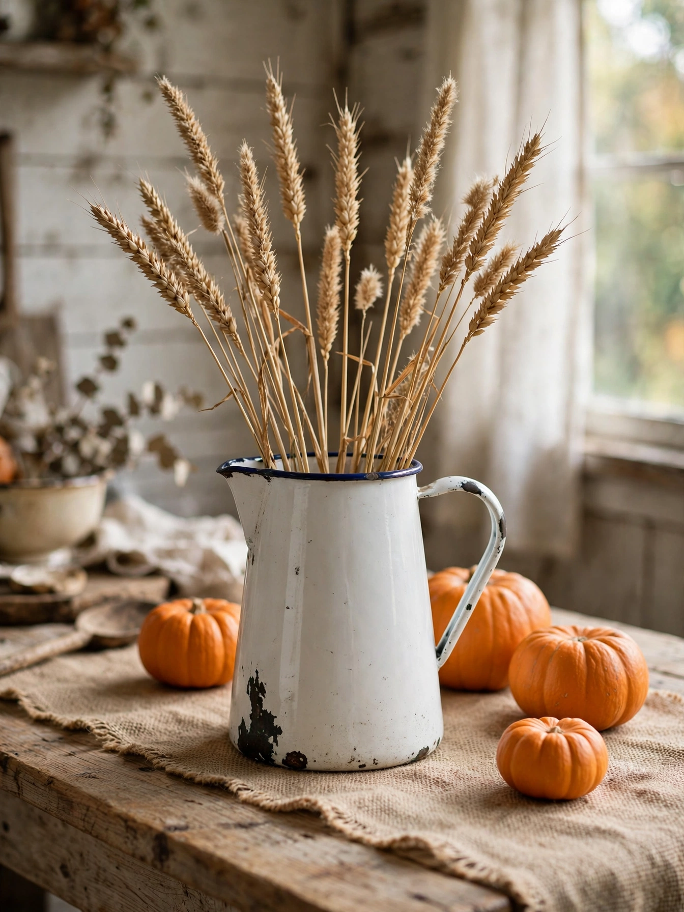 A chipped white enamelware pitcher with dried wheat on a farmhouse table, one of the vintage fall decor ideas for autumn 2026.