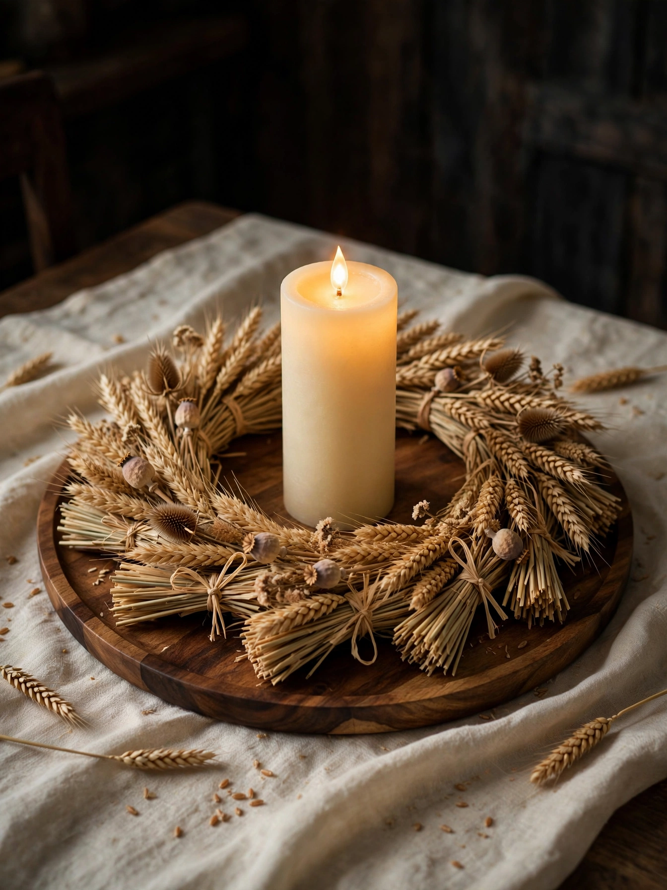 A ring of dried wheat sheaves around a glowing pillar candle on a wooden tray, a harvest-style diy fall decor ideas for autumn 2026.