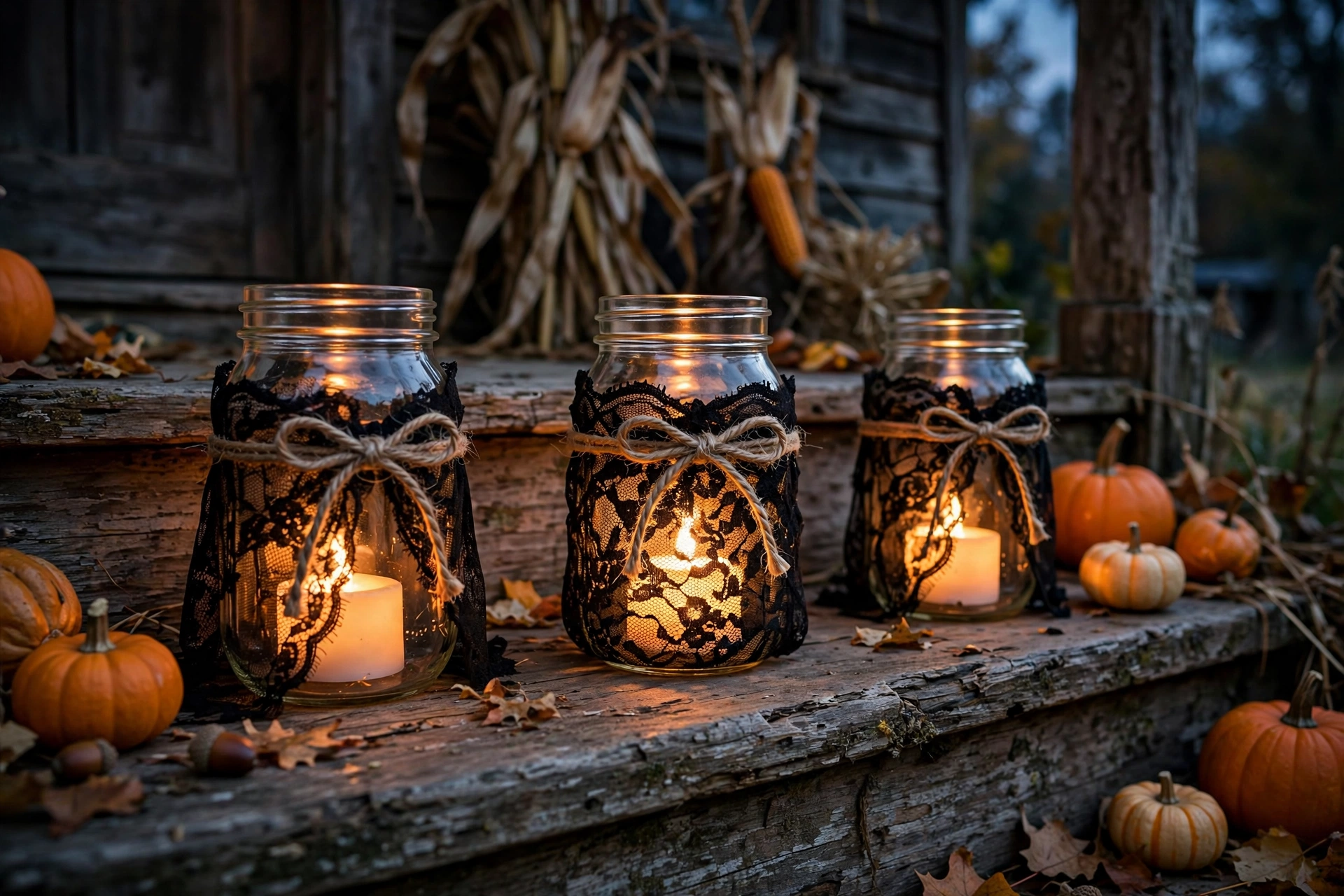 Three mason jar lanterns wrapped in black lace and twine glowing with LED candles on a rustic wooden porch step