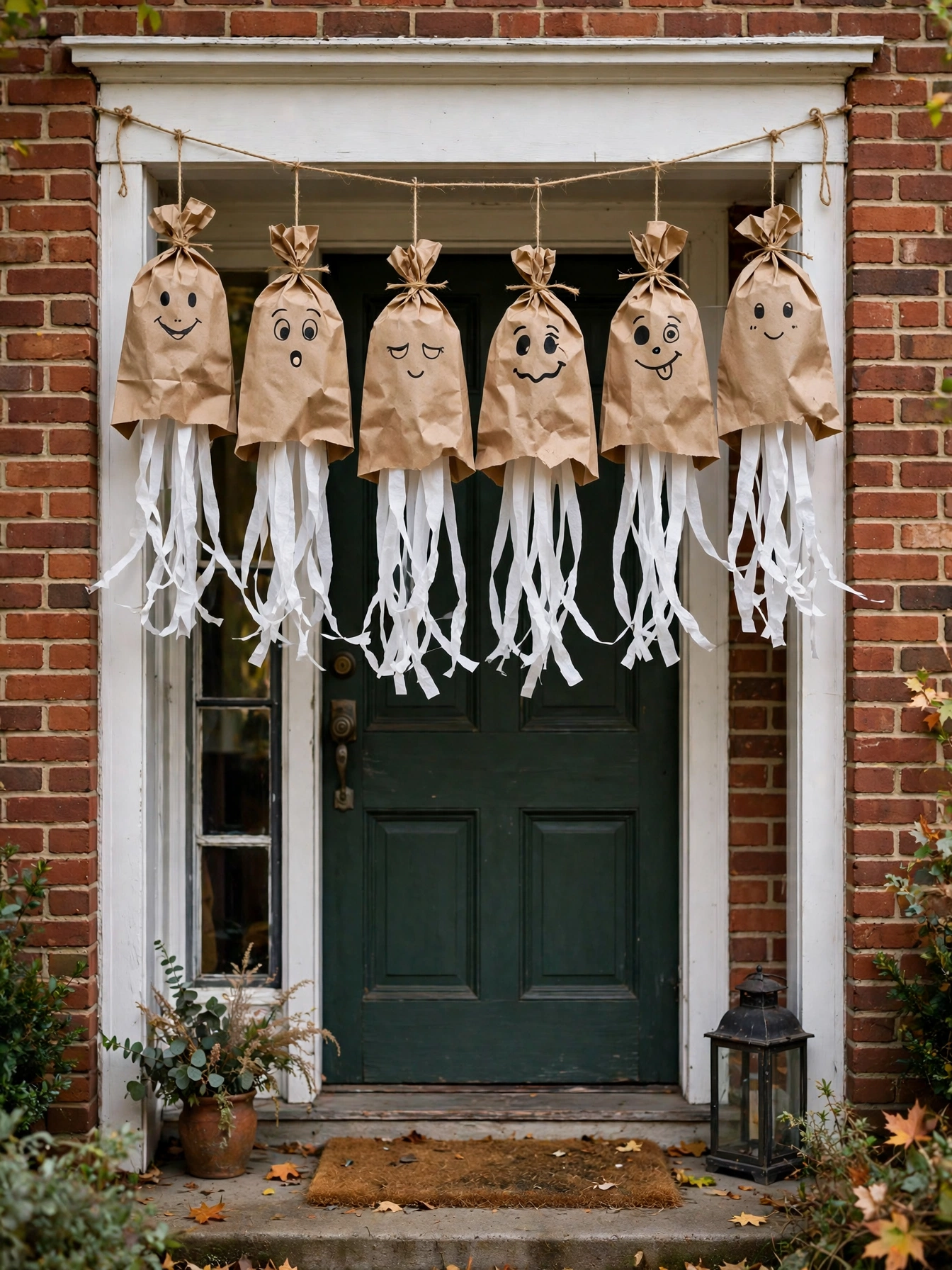 Handmade paper bag ghosts hanging in a row across the top of a front door frame, a DIY Halloween door decor idea for 2026