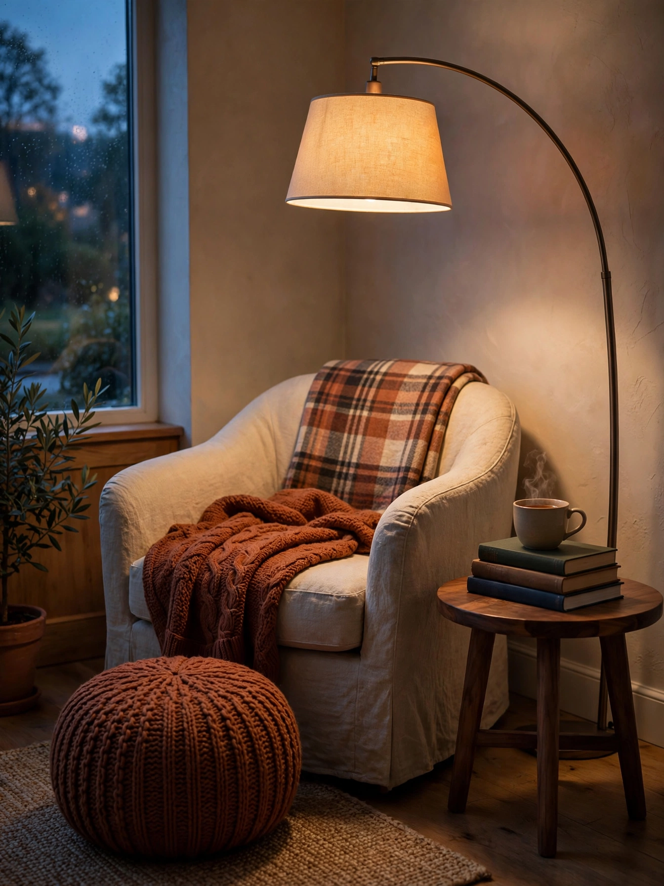 An armchair with a knit throw beside a glowing arc floor lamp and a side table with books, a warm fall living room decor ideas for autumn 2026.
