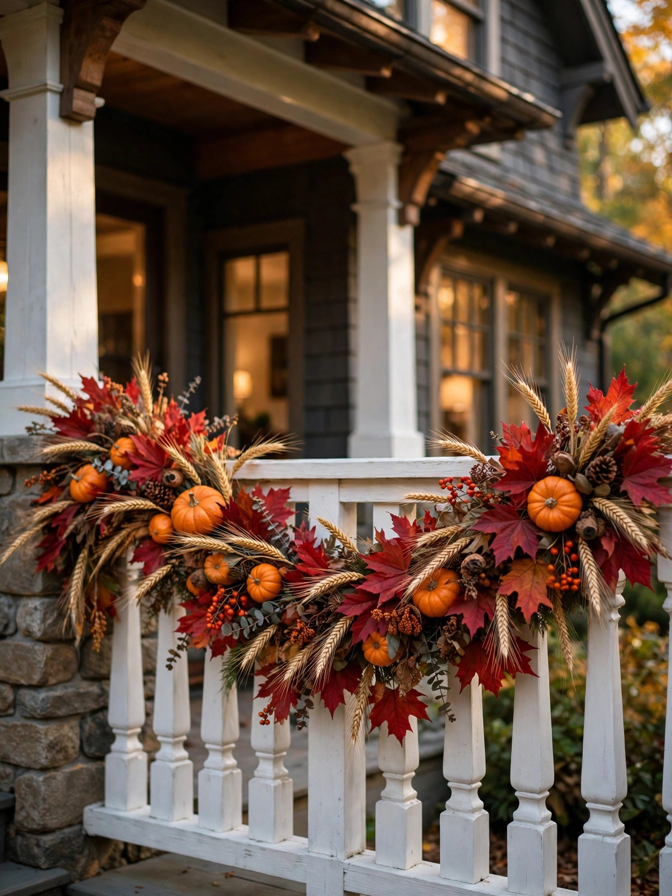 A thick fall garland of maple leaves, mini pumpkins and wheat draped over a porch railing, a lush pick among fall outdoor decor ideas for autumn 2026.