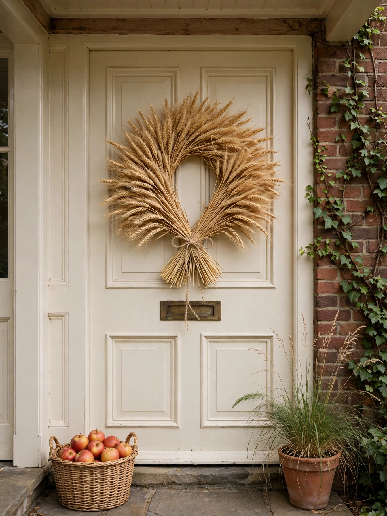 Dried golden wheat bundles fanned around a straw base with a jute twine bow, an elegant option among fall wreath ideas for autumn 2026, on a cream front door.