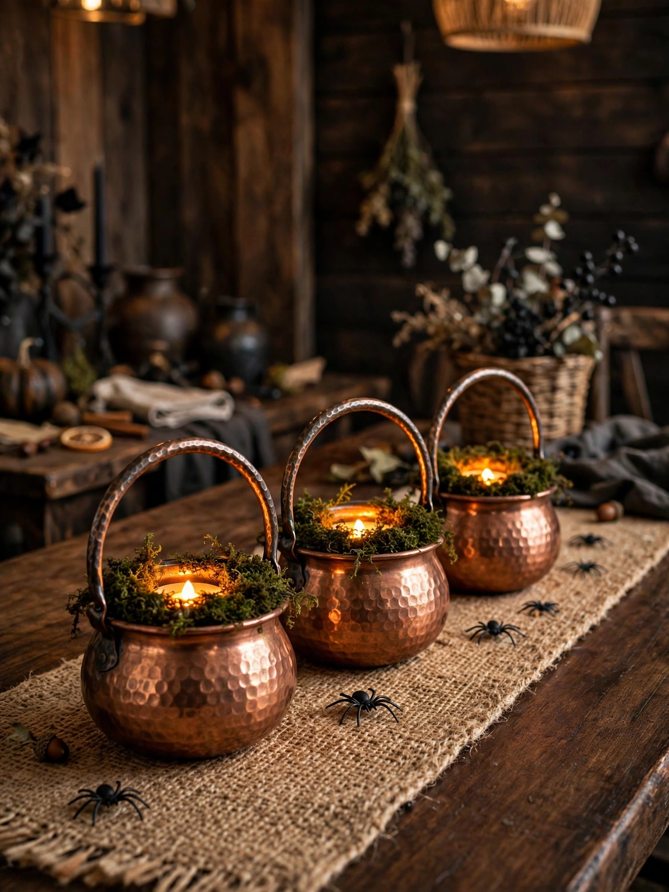Three small hammered copper cauldrons in a row on a dark wood dining table, each holding glowing LED tea lights and dark g...