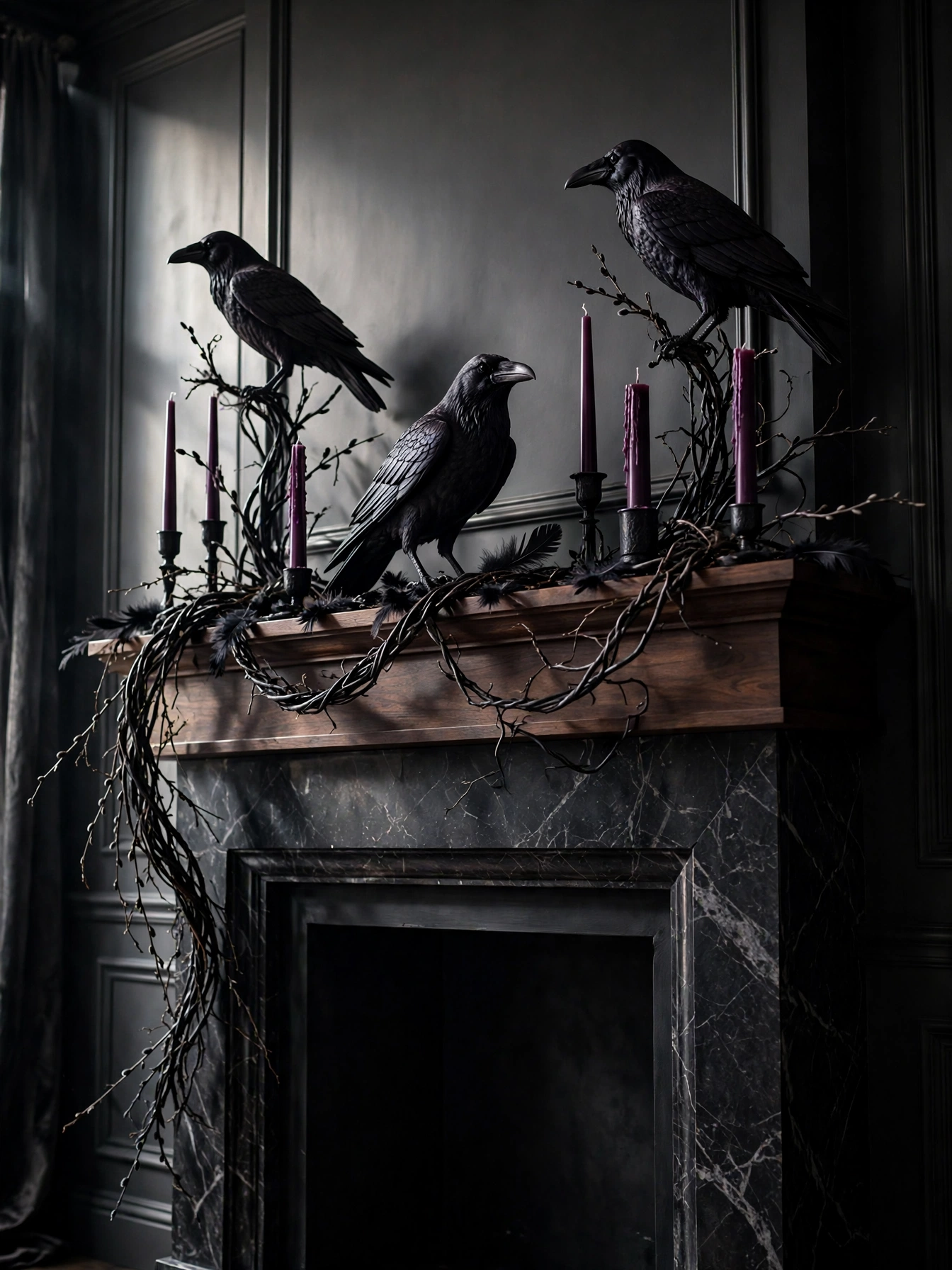 A dramatic Halloween mantel with matte black raven figures perched at different heights on a dark walnut mantel shelf, fra...