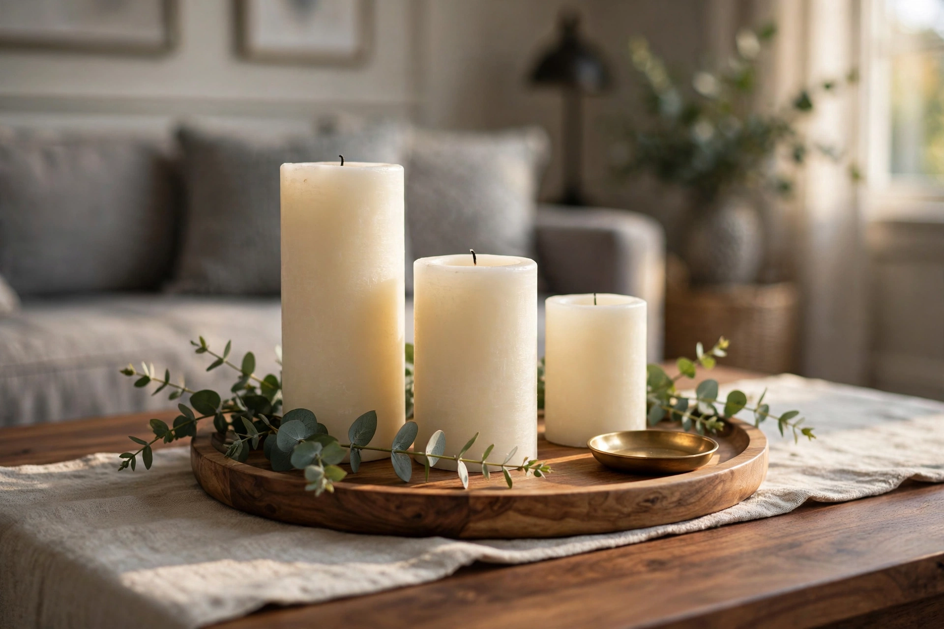 Three ivory pillar candles of different heights on a round wooden tray atop a living room coffee table