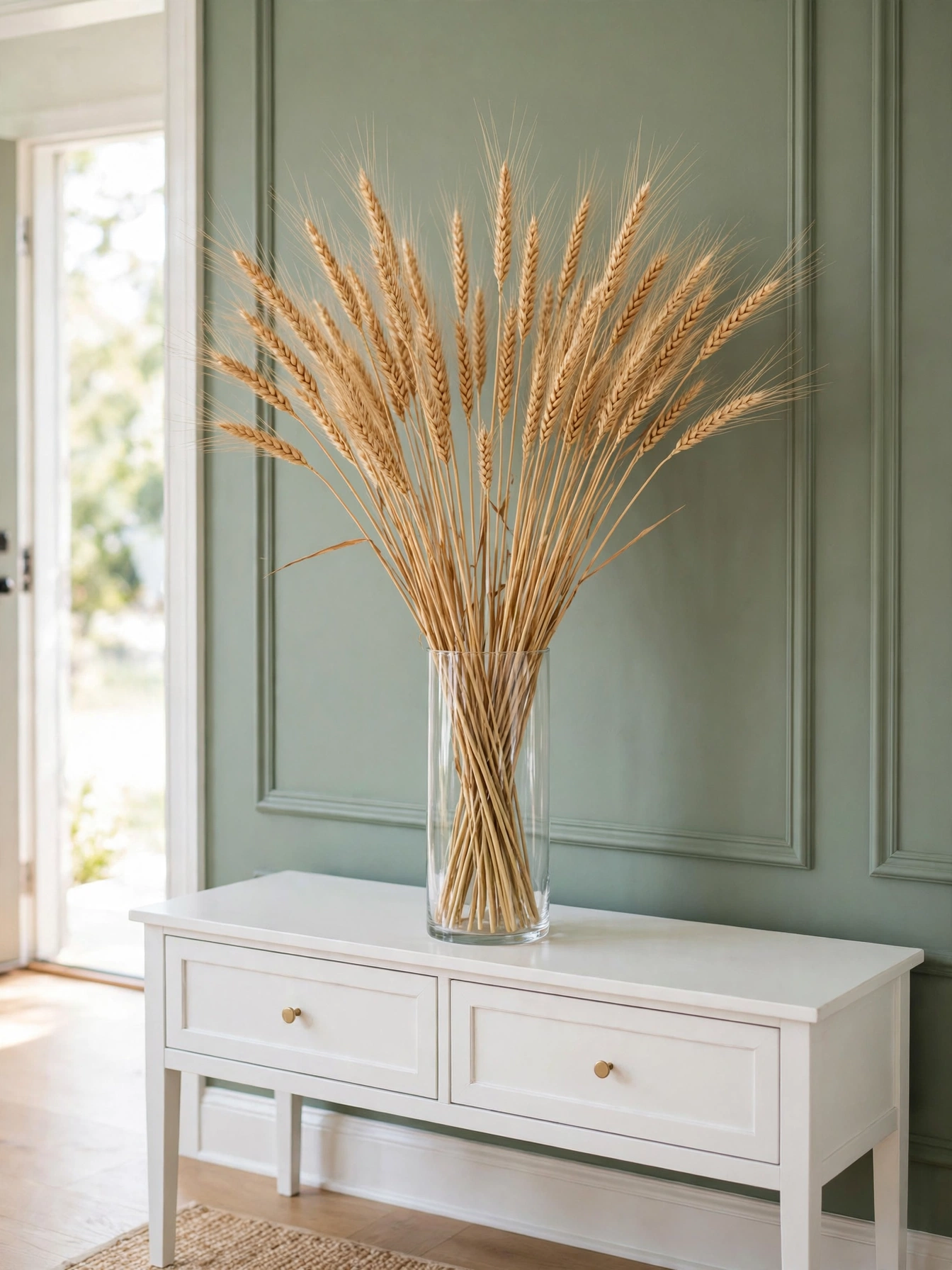 Golden dried wheat stalks fanned in a clear glass vase on a console table, a harvest accent among the simple fall decor ideas for autumn 2026.