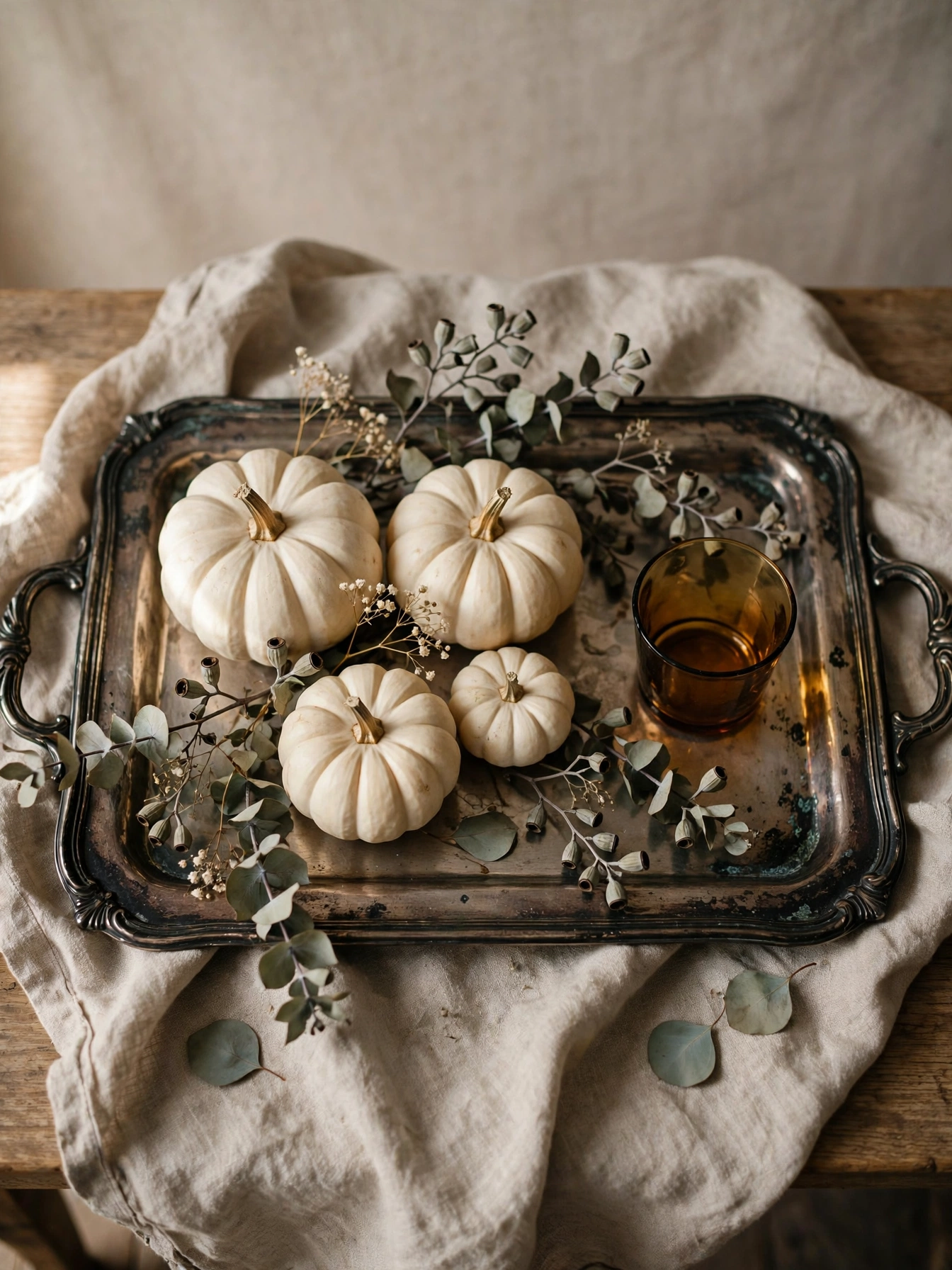 A tarnished silver tray holding mini white pumpkins and eucalyptus, one of the vintage fall decor ideas for autumn 2026.