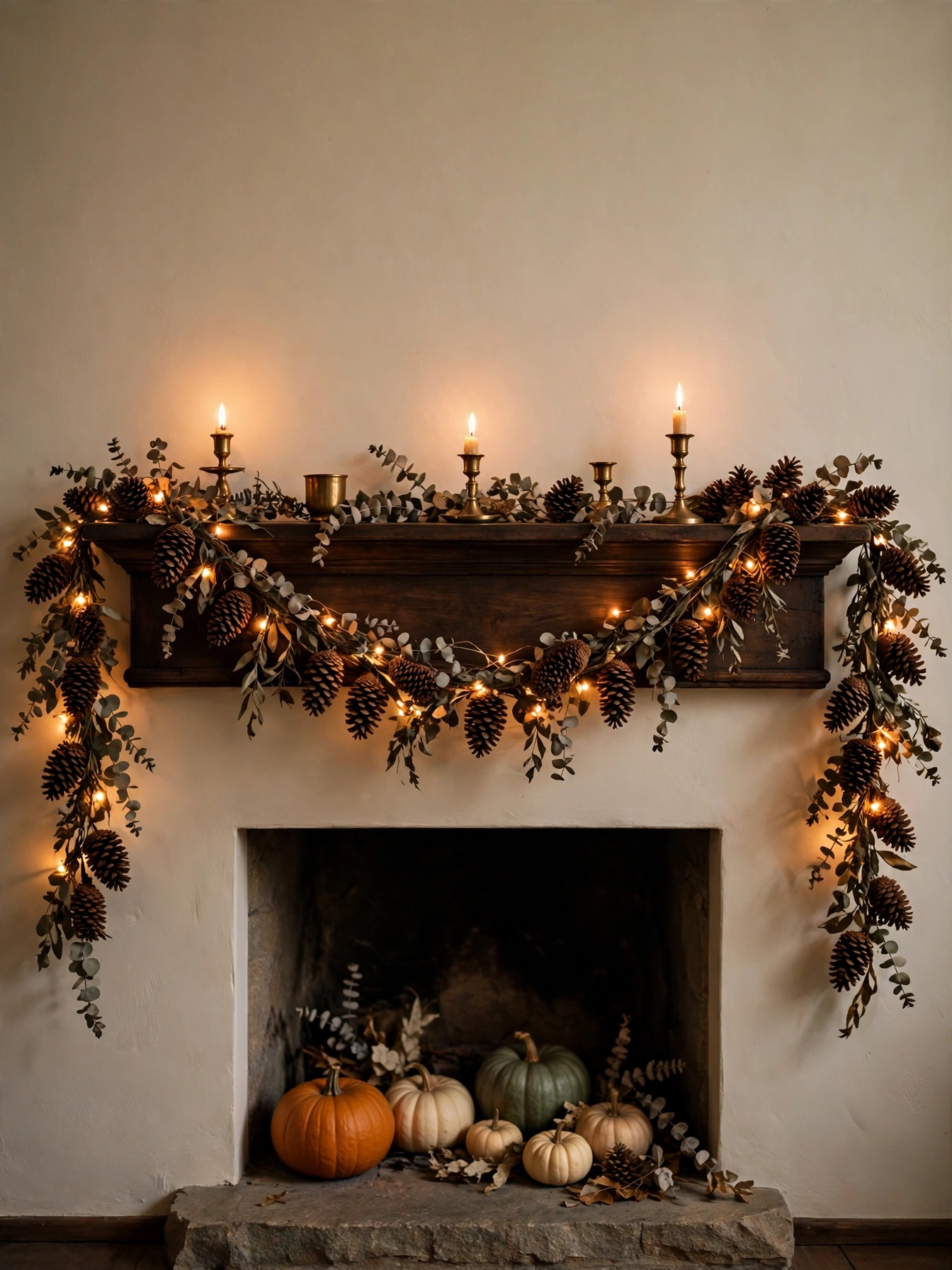 A pinecone garland with warm fairy lights draped on a wooden mantel, a glowing diy fall decor ideas for autumn 2026.