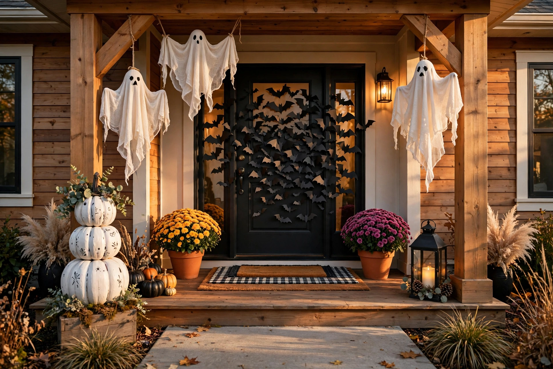 A front porch decorated for Halloween 2026 with handmade elements: painted pumpkin topiary, cheesecloth ghosts hanging from porch beams, paper bat swa