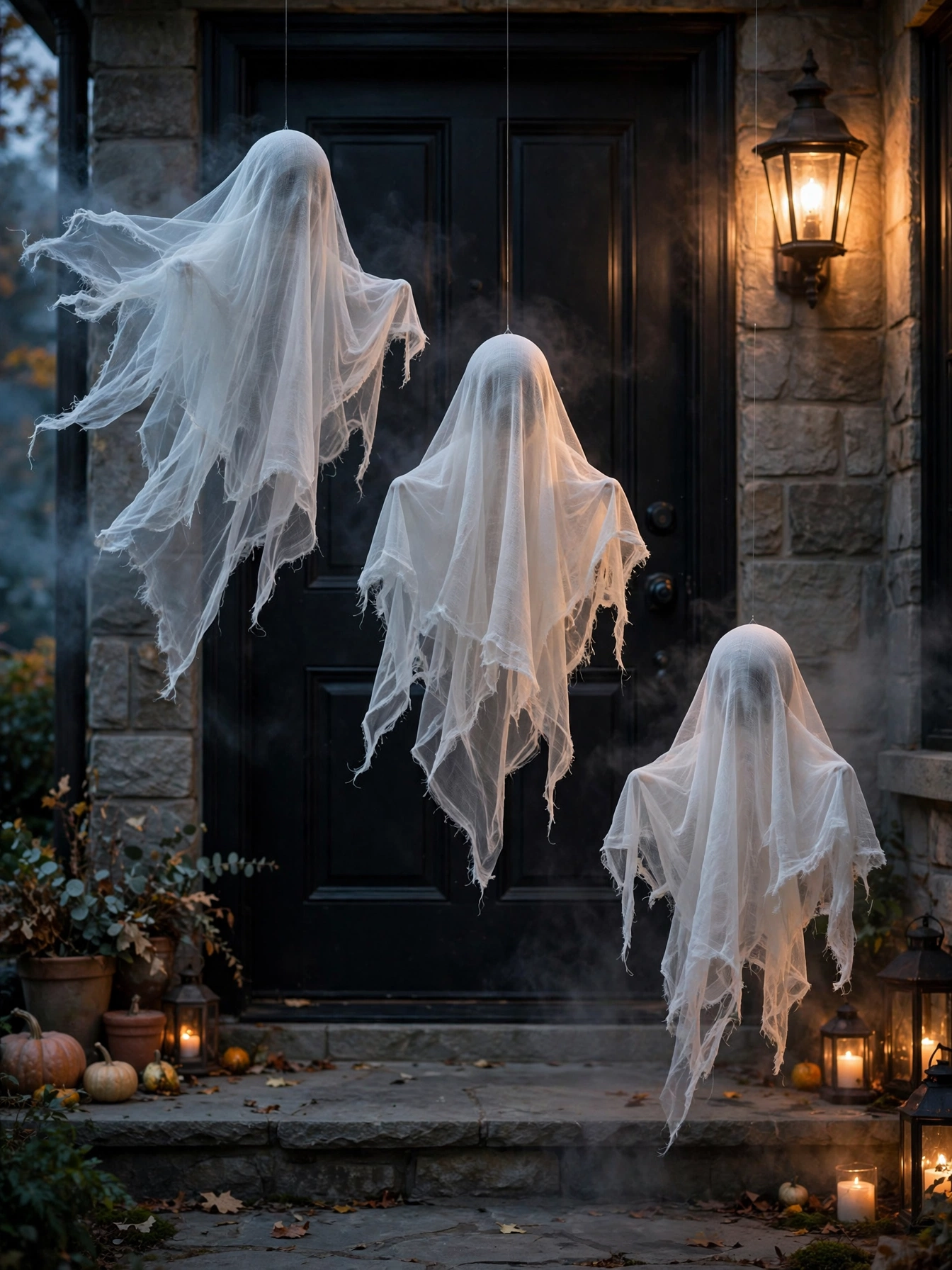Three floating cheesecloth ghosts hovering in front of a black front door